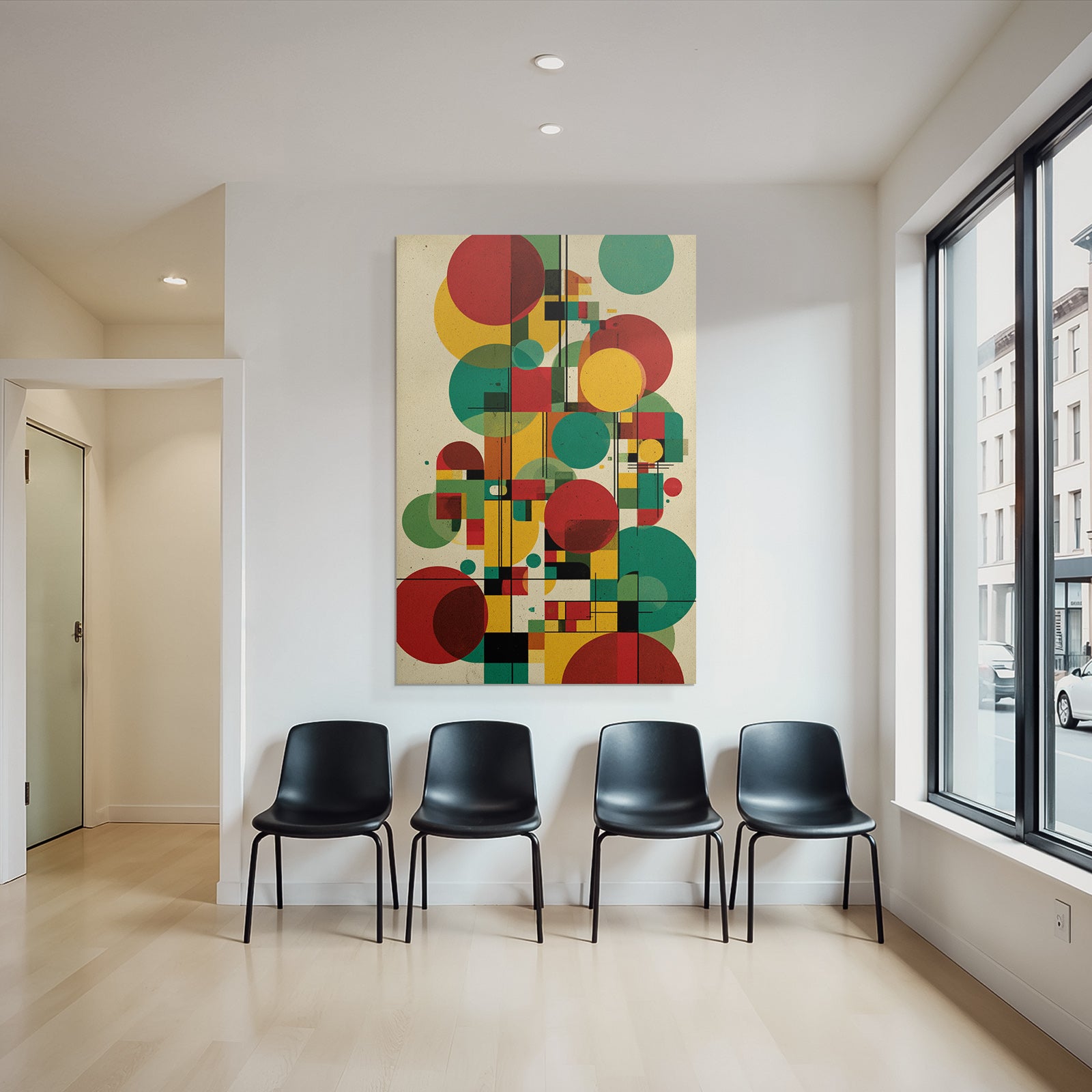 Abstraktes Geometrisches Kunstwerk Mit Kreisen Und Vierecken In Rot Grün Gelb