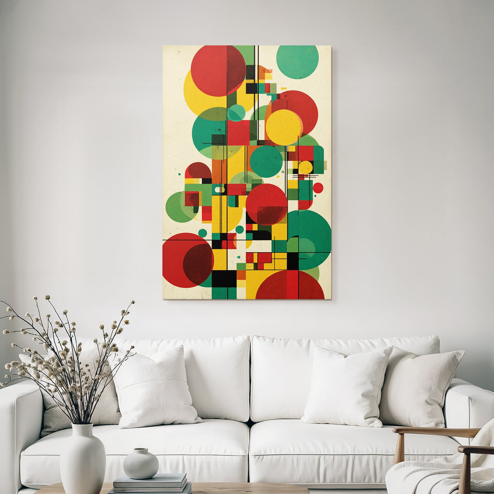 Abstraktes Geometrisches Kunstwerk Mit Kreisen Und Vierecken In Rot Grün Gelb