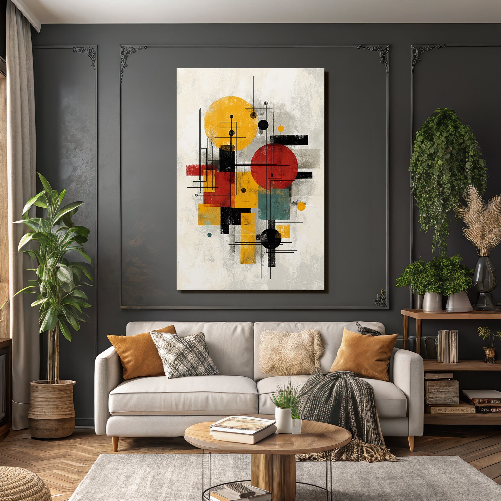 Abstraktes Kunstwerk Mit Geometrischen Formen Und Farben Gelb Rot Schwarz Türkis