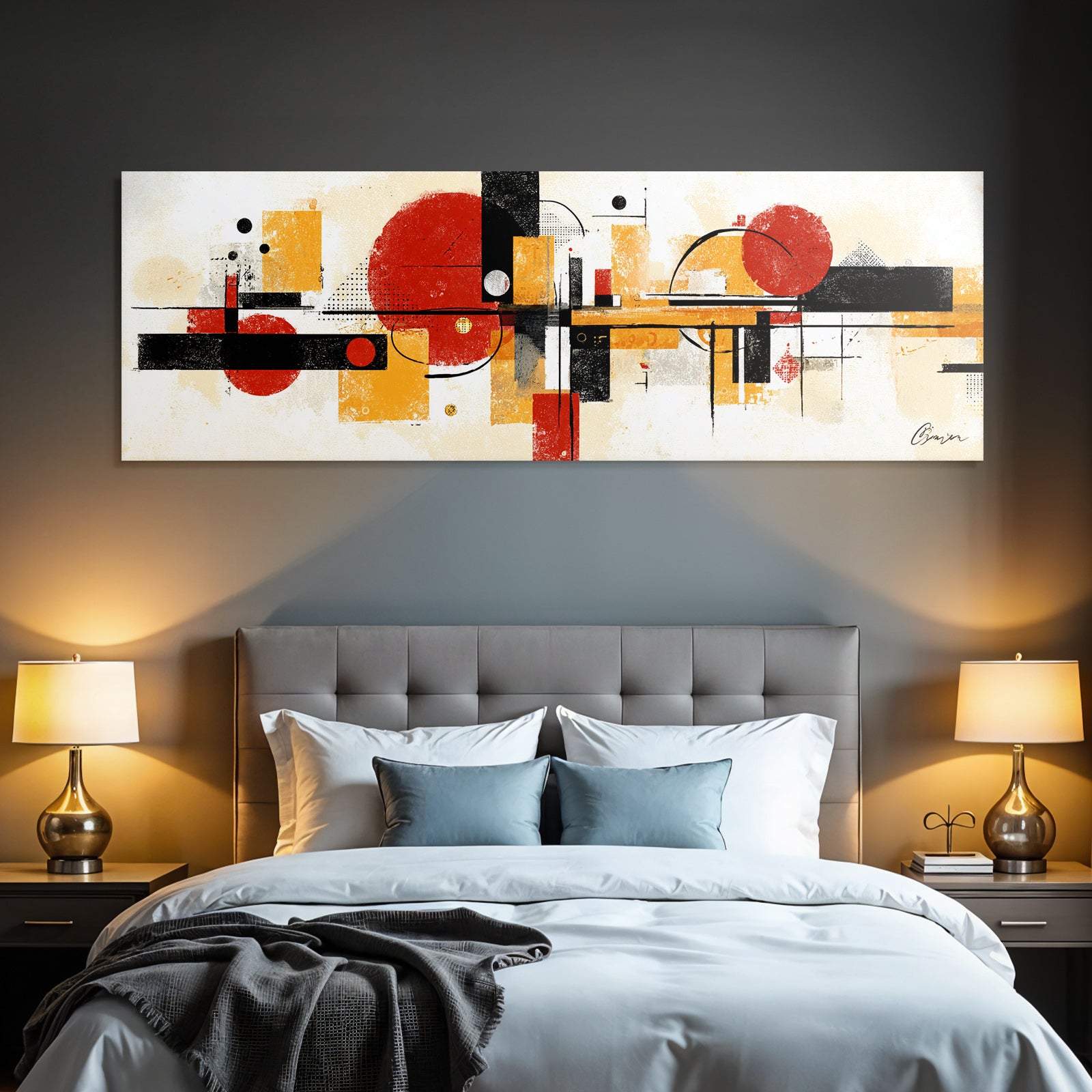 Abstrakte Geometrische Komposition In Rot Schwarz Gelb Und Beige
