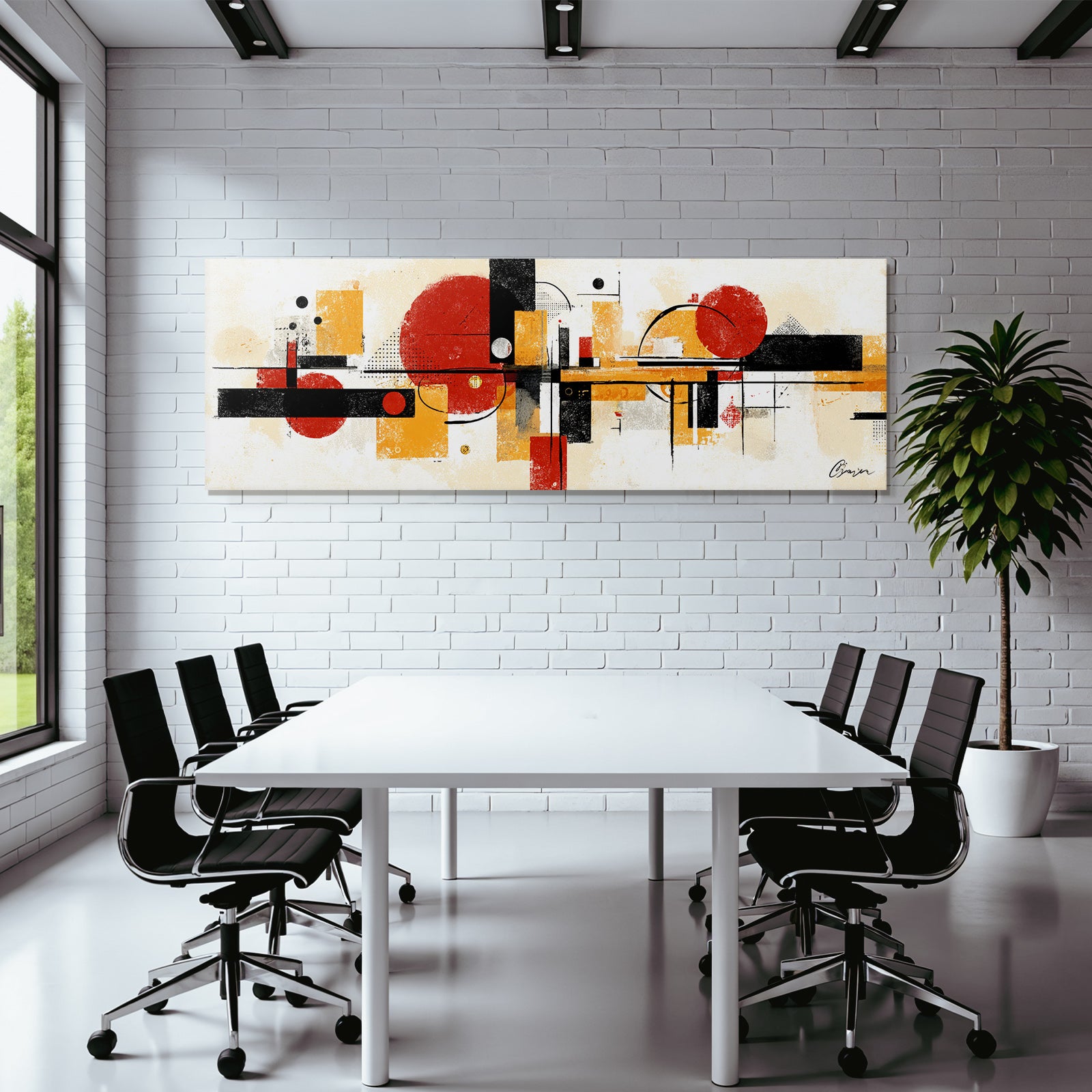 Abstrakte Geometrische Komposition In Rot Schwarz Gelb Und Beige