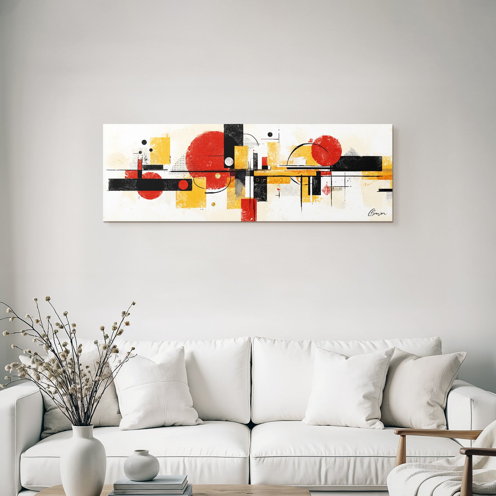 Abstrakte Geometrische Komposition In Rot Schwarz Gelb Und Beige