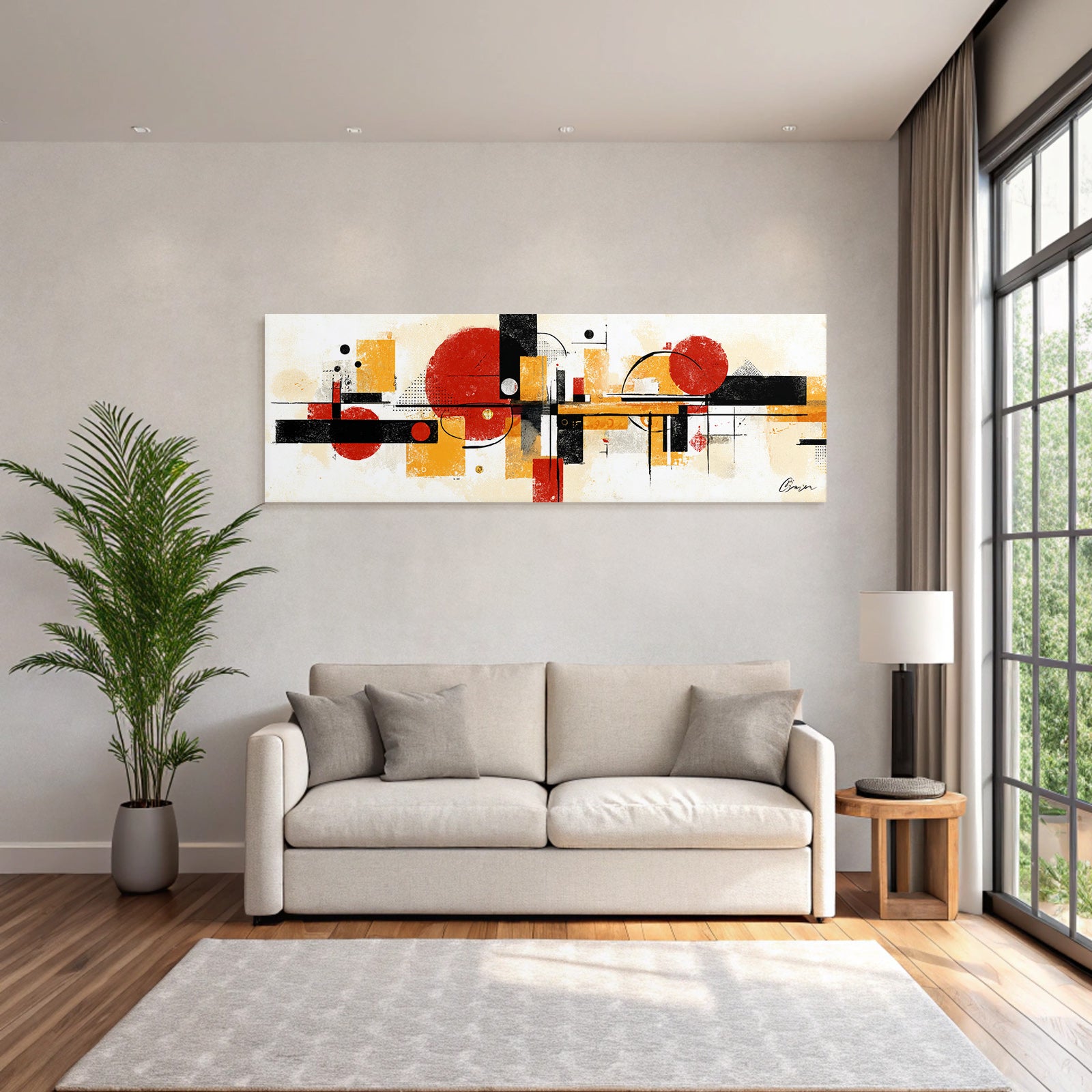Abstrakte Geometrische Komposition In Rot Schwarz Gelb Und Beige