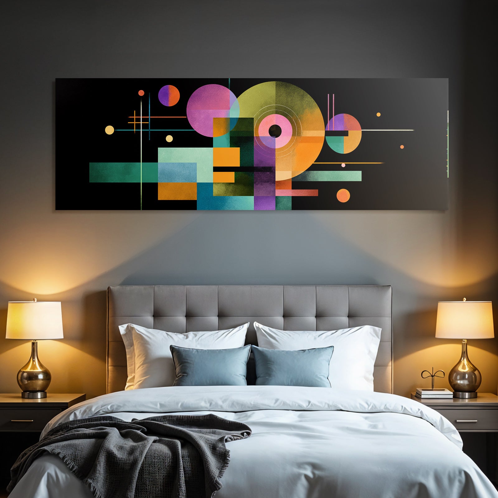 Abstrakte Geometrische Komposition Mit Farbigen Formen Auf Dunklem Hintergrund
