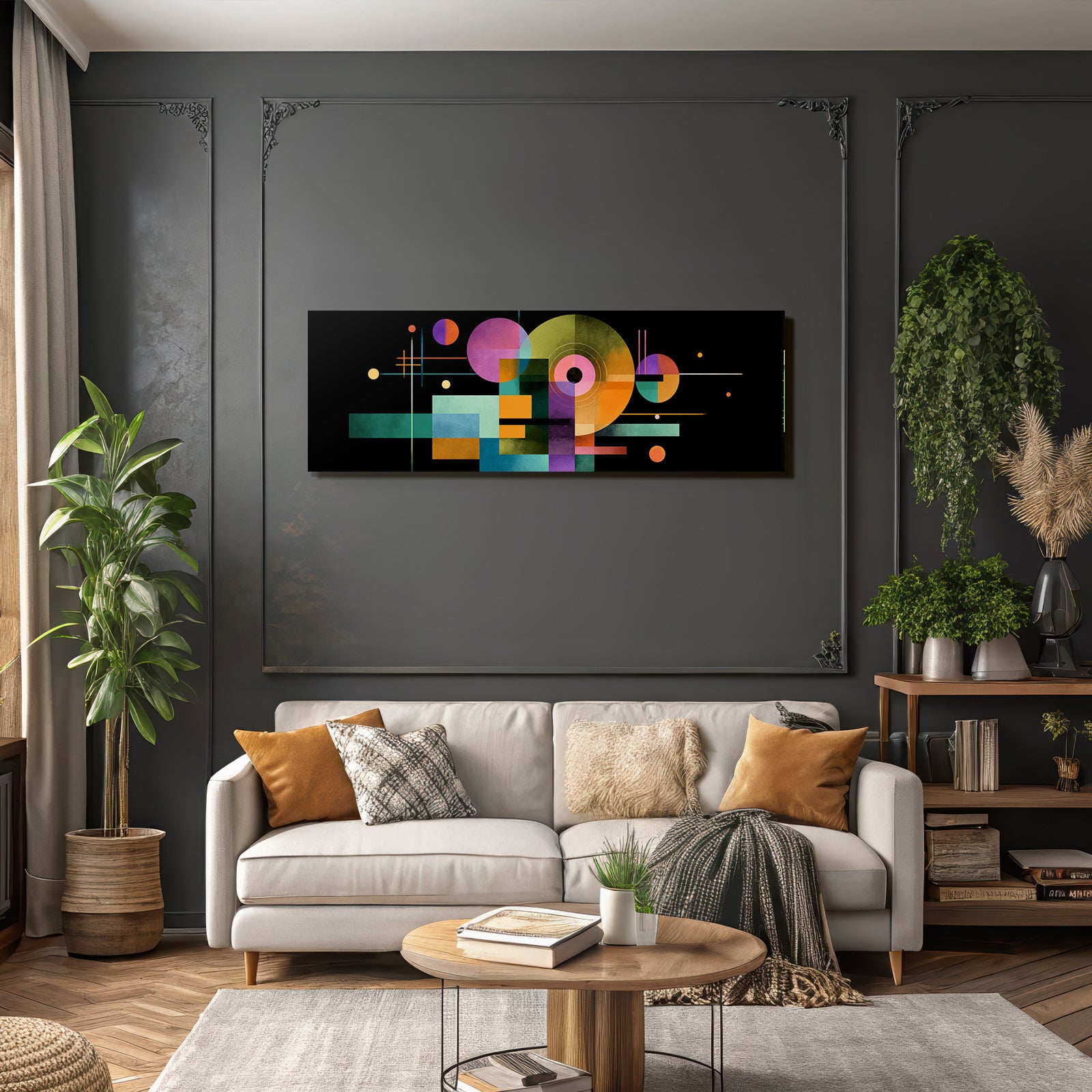 Abstrakte Geometrische Komposition Mit Farbigen Formen Auf Dunklem Hintergrund