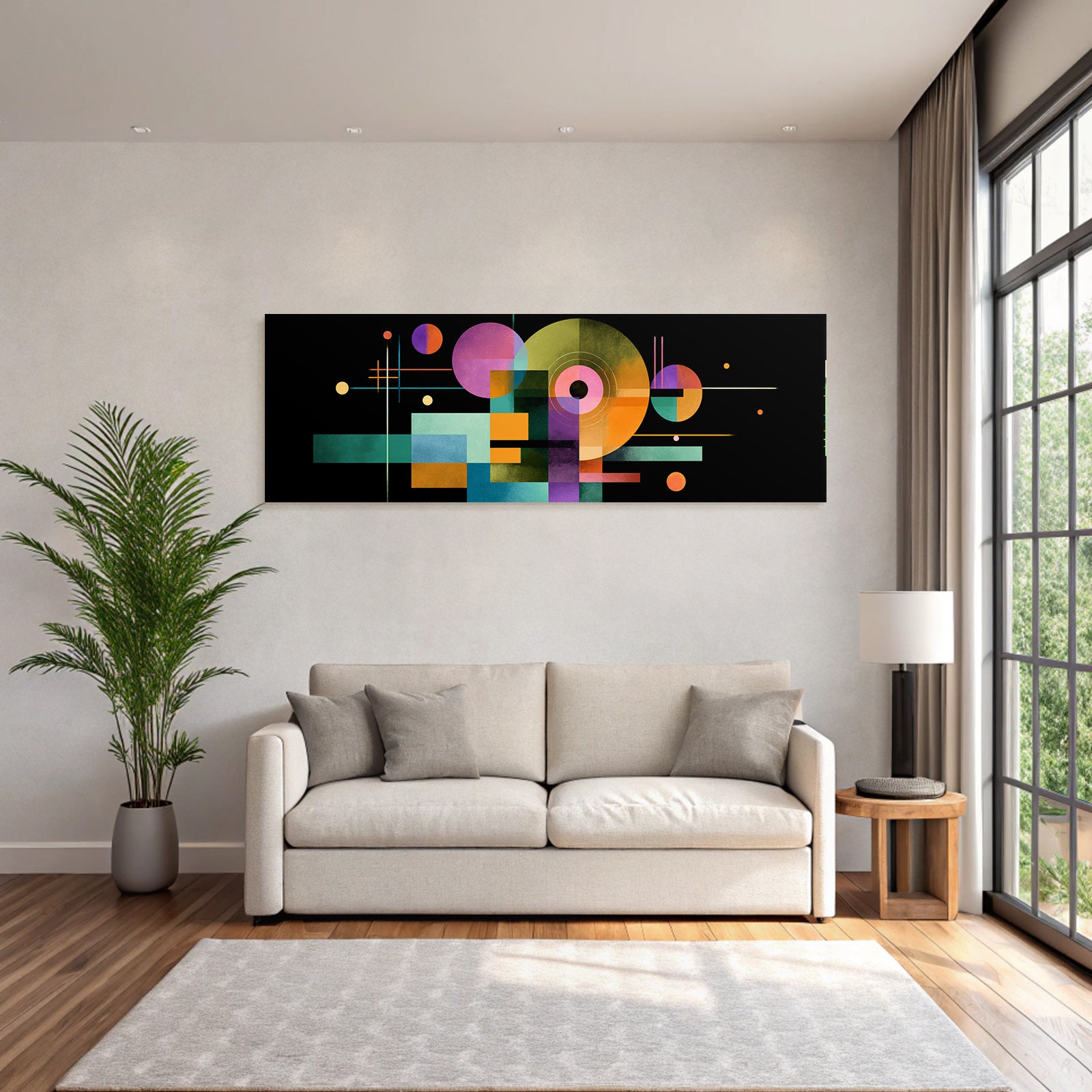 Abstrakte Geometrische Komposition Mit Farbigen Formen Auf Dunklem Hintergrund