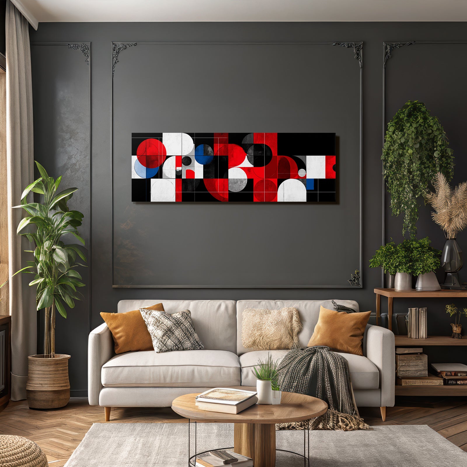 Abstrakte Geometrische Komposition Rot Schwarz Weiss Blau