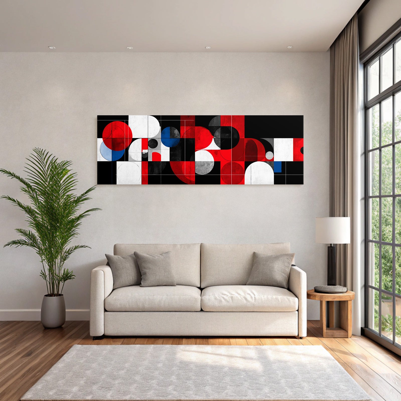 Abstrakte Geometrische Komposition Rot Schwarz Weiss Blau