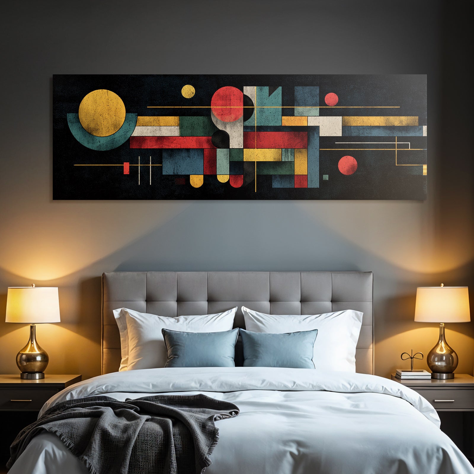 Abstrakte Komposition Mit Geometrischen Formen Und Lebendigen Farben Vor Dunklem Hintergrund