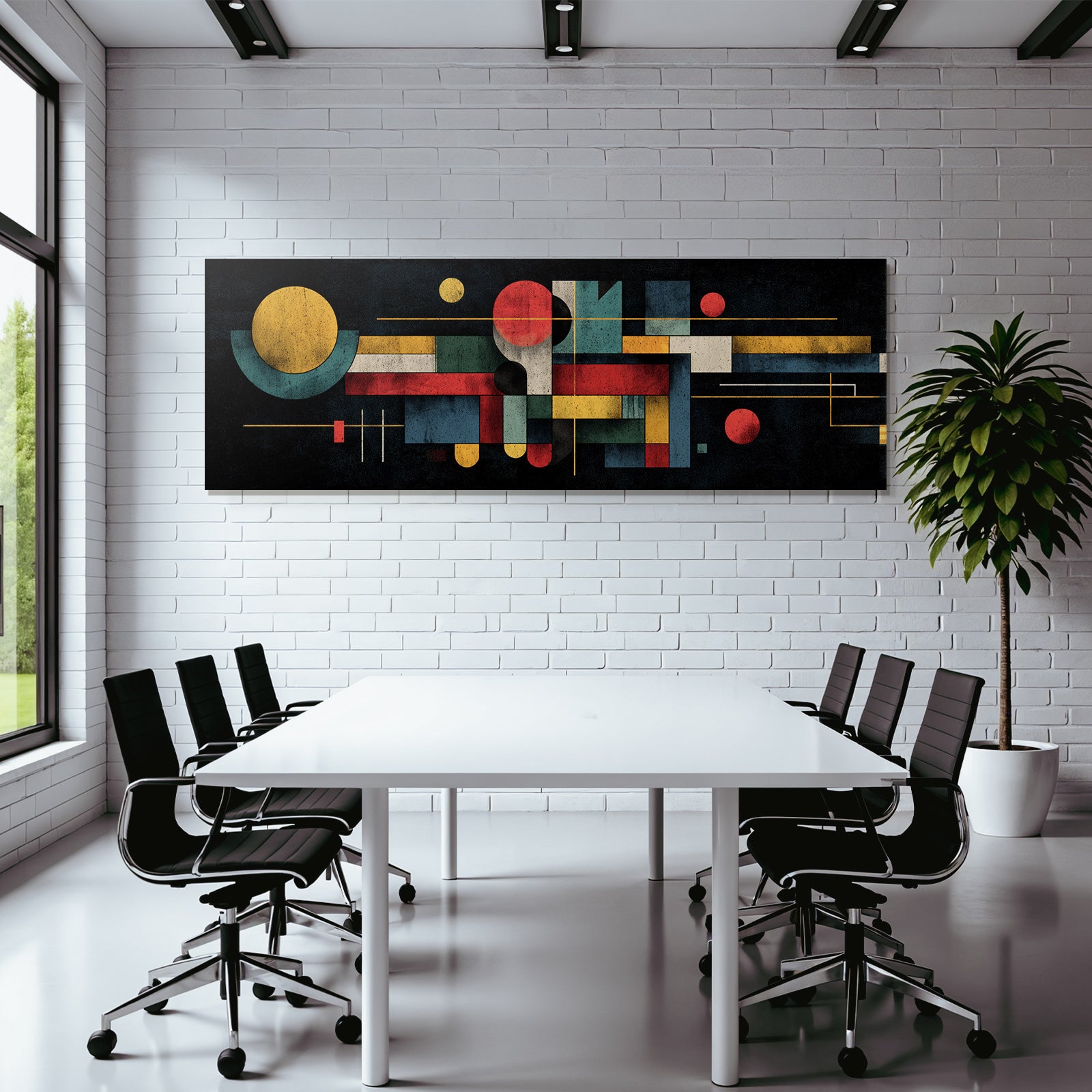 Abstrakte Komposition Mit Geometrischen Formen Und Lebendigen Farben Vor Dunklem Hintergrund