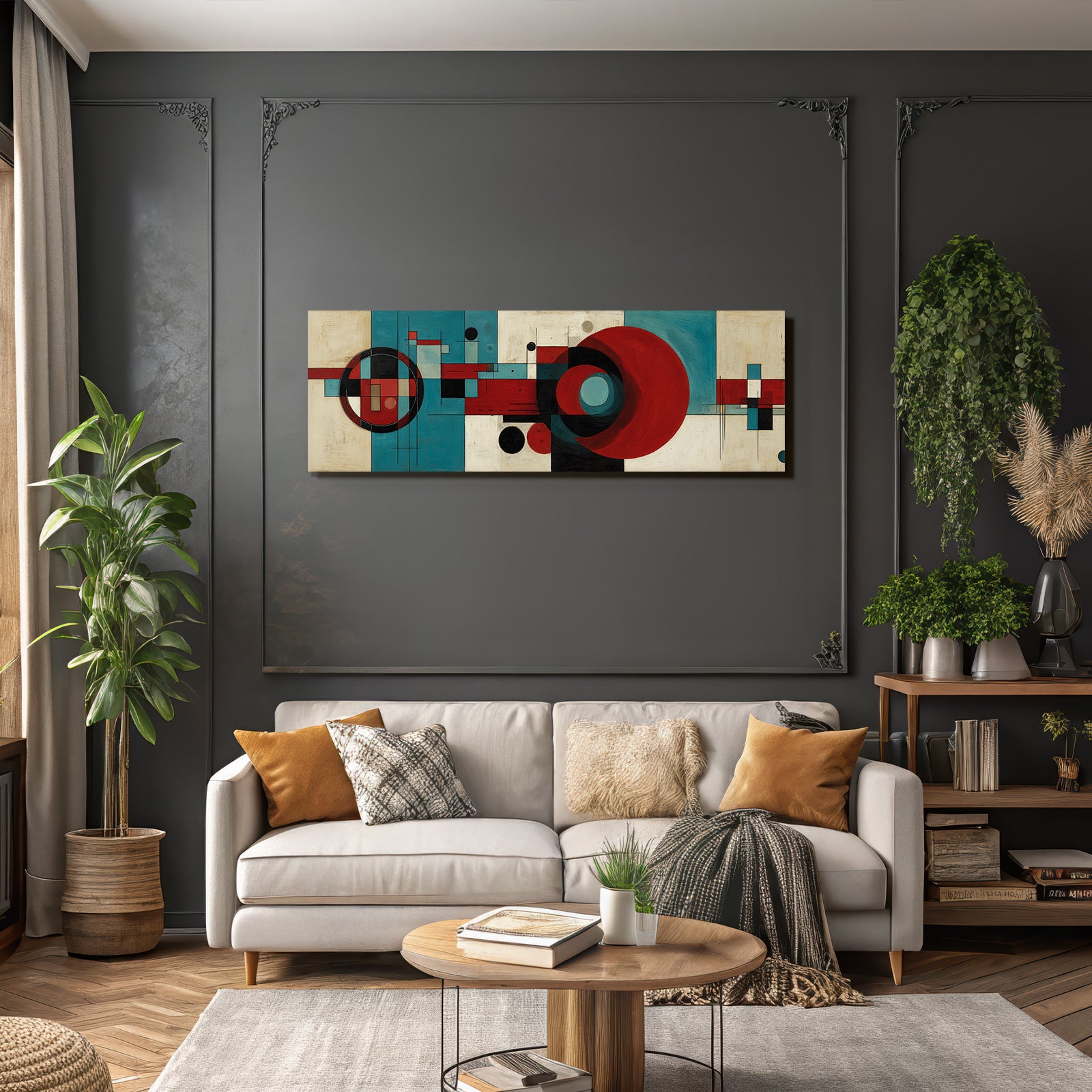 Abstraktes Geometrisches Kunstwerk Rot Schwarz Blau Beige