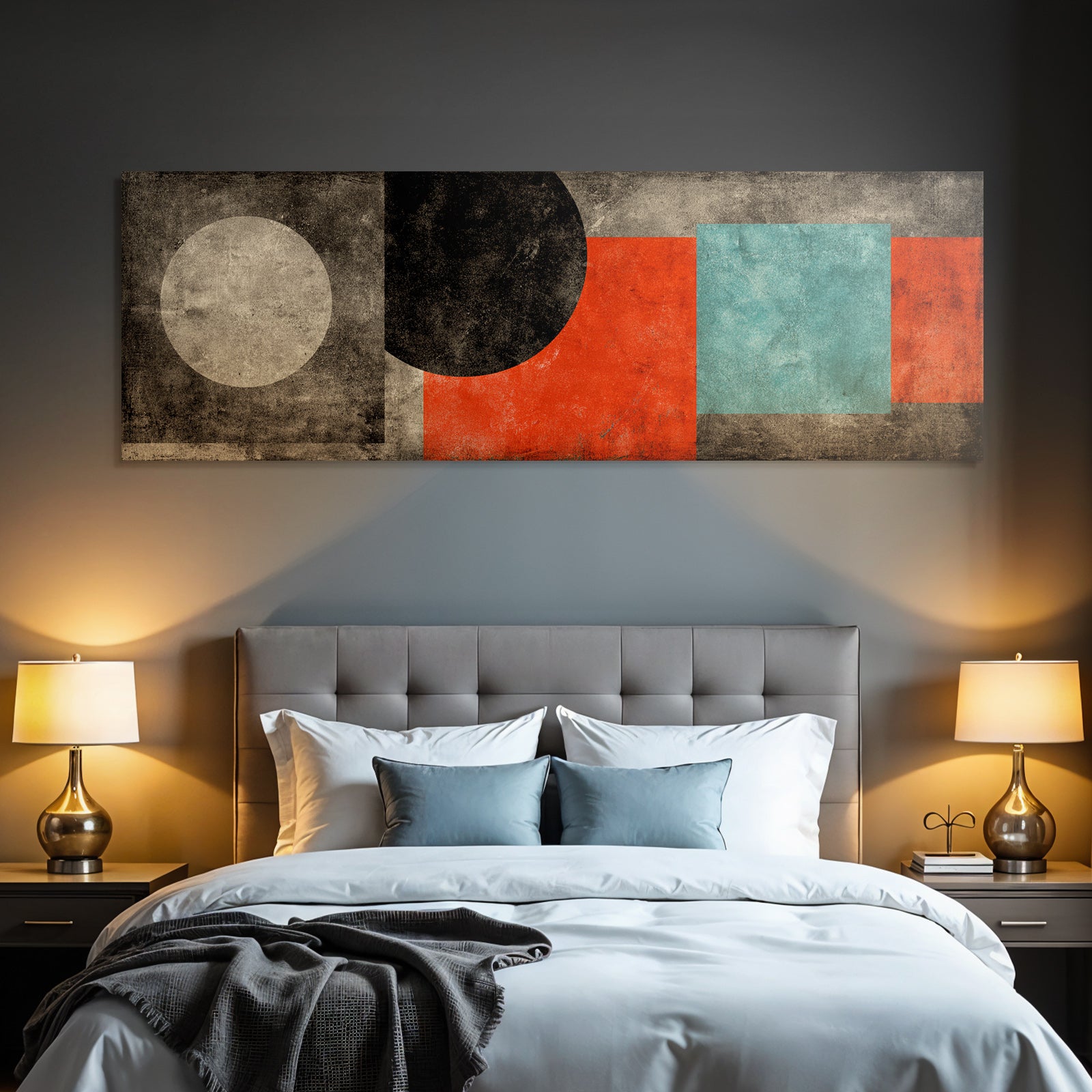 Abstraktes Geometrisches Muster Mit Kreisen Und Rechtecken In Schwarz Rot Beige Türkis