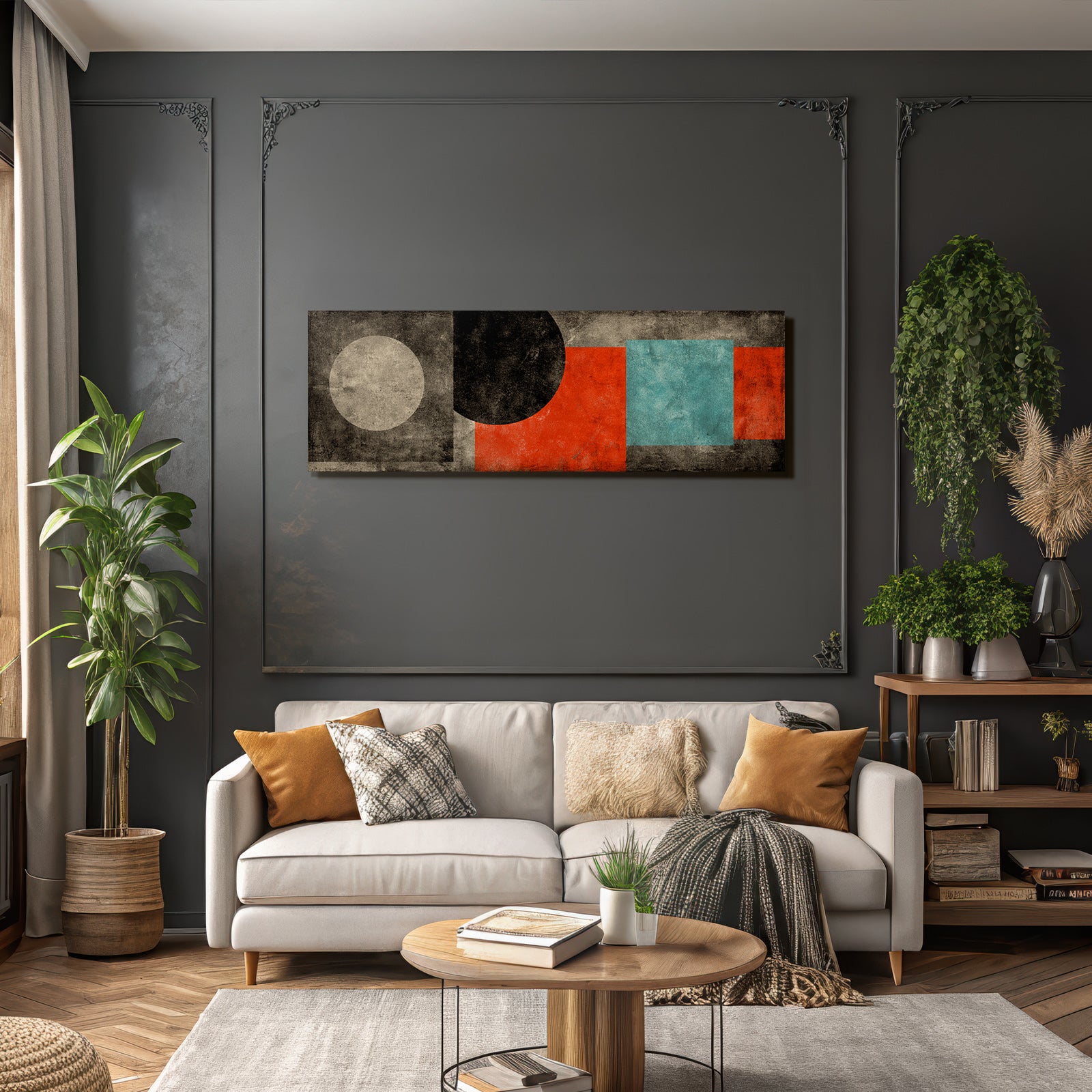 Abstraktes Geometrisches Muster Mit Kreisen Und Rechtecken In Schwarz Rot Beige Türkis