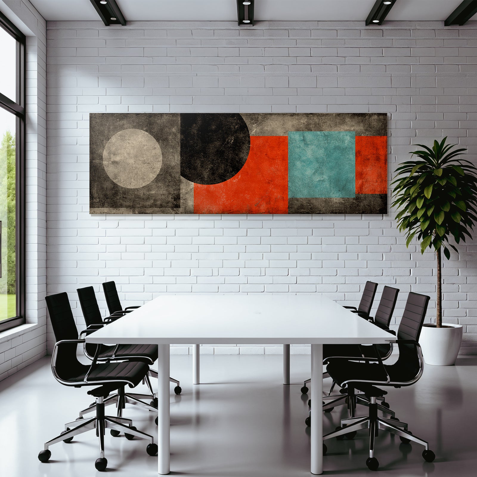Abstraktes Geometrisches Muster Mit Kreisen Und Rechtecken In Schwarz Rot Beige Türkis