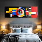 Abstraktes Kunstwerk Mit Geometrischen Formen Und Kraftigen Farben Auf Dunklem Hintergrund