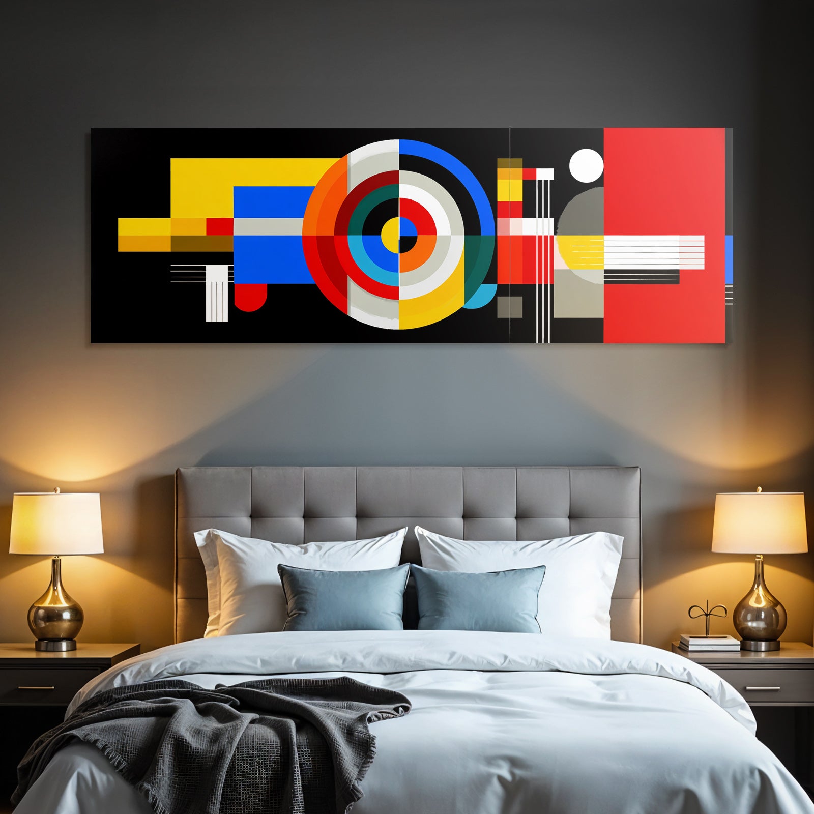 Abstraktes Kunstwerk Mit Geometrischen Formen Und Kraftigen Farben Auf Dunklem Hintergrund