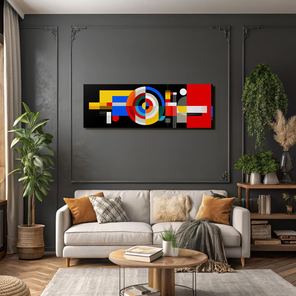 Abstraktes Kunstwerk Mit Geometrischen Formen Und Kraftigen Farben Auf Dunklem Hintergrund