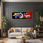 Abstraktes Kunstwerk Mit Geometrischen Formen Und Kraftigen Farben Auf Dunklem Hintergrund