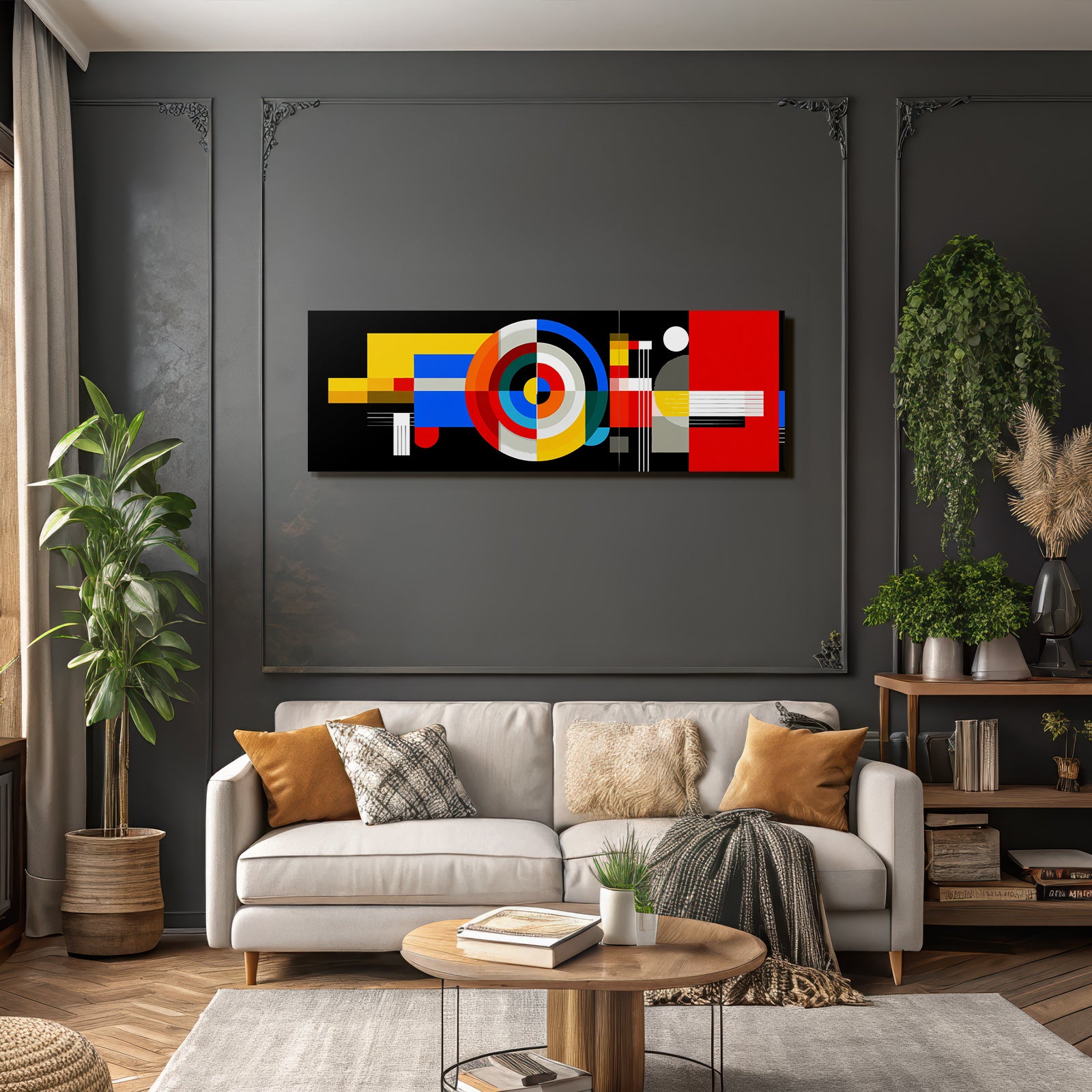 Abstraktes Kunstwerk Mit Geometrischen Formen Und Kraftigen Farben Auf Dunklem Hintergrund