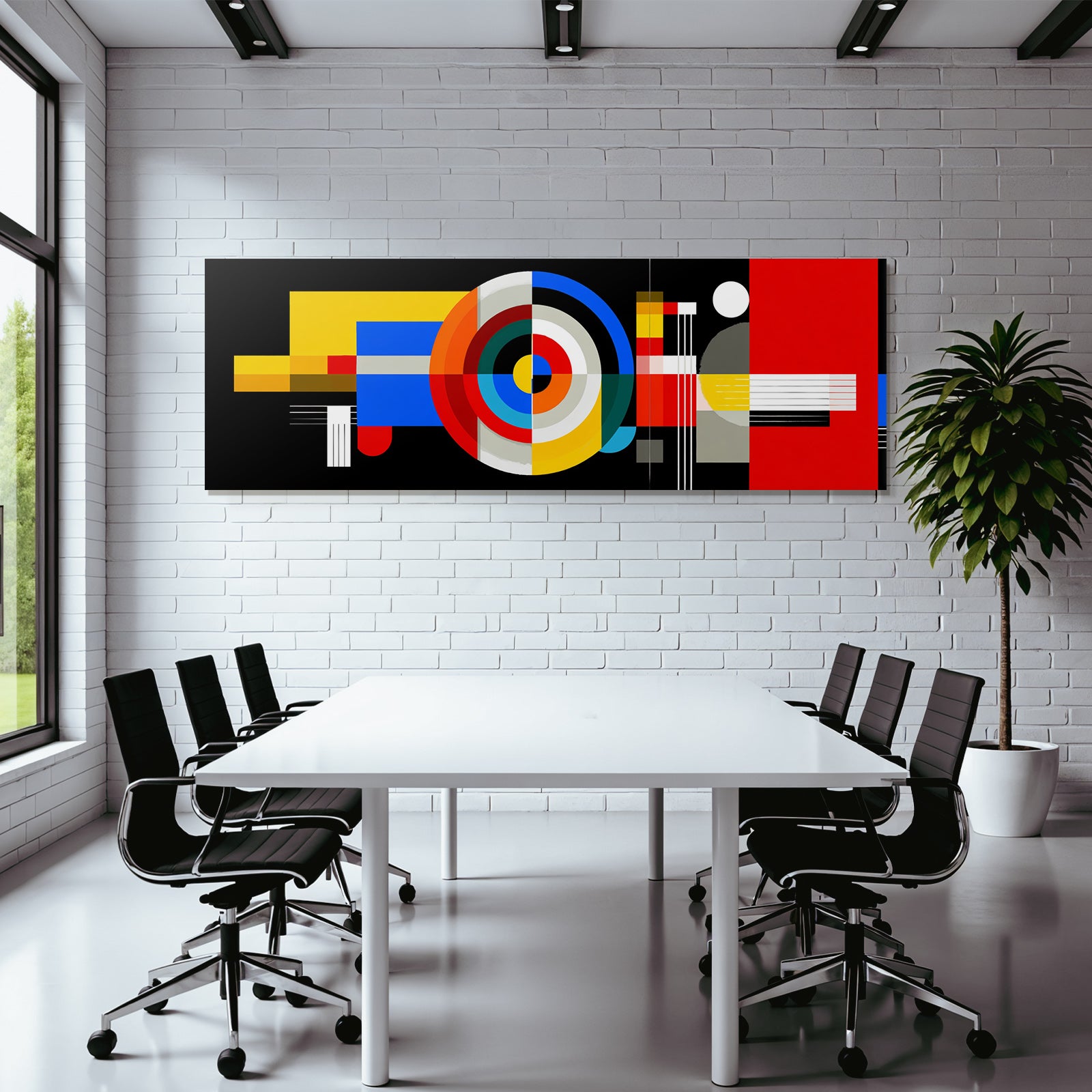 Abstraktes Kunstwerk Mit Geometrischen Formen Und Kraftigen Farben Auf Dunklem Hintergrund