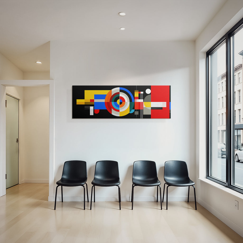 Abstraktes Kunstwerk Mit Geometrischen Formen Und Kraftigen Farben Auf Dunklem Hintergrund