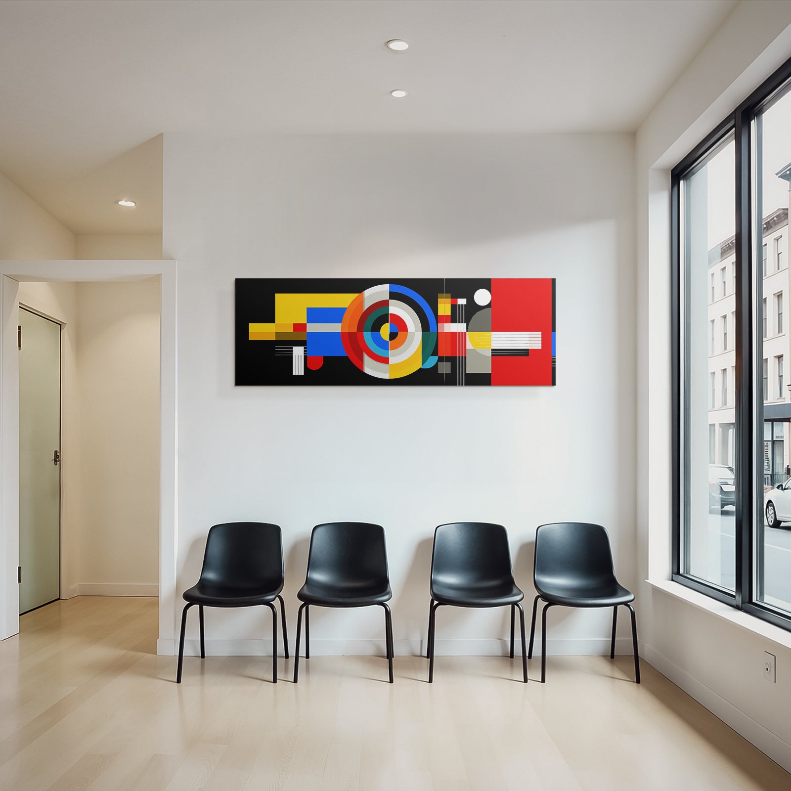 Abstraktes Kunstwerk Mit Geometrischen Formen Und Kraftigen Farben Auf Dunklem Hintergrund