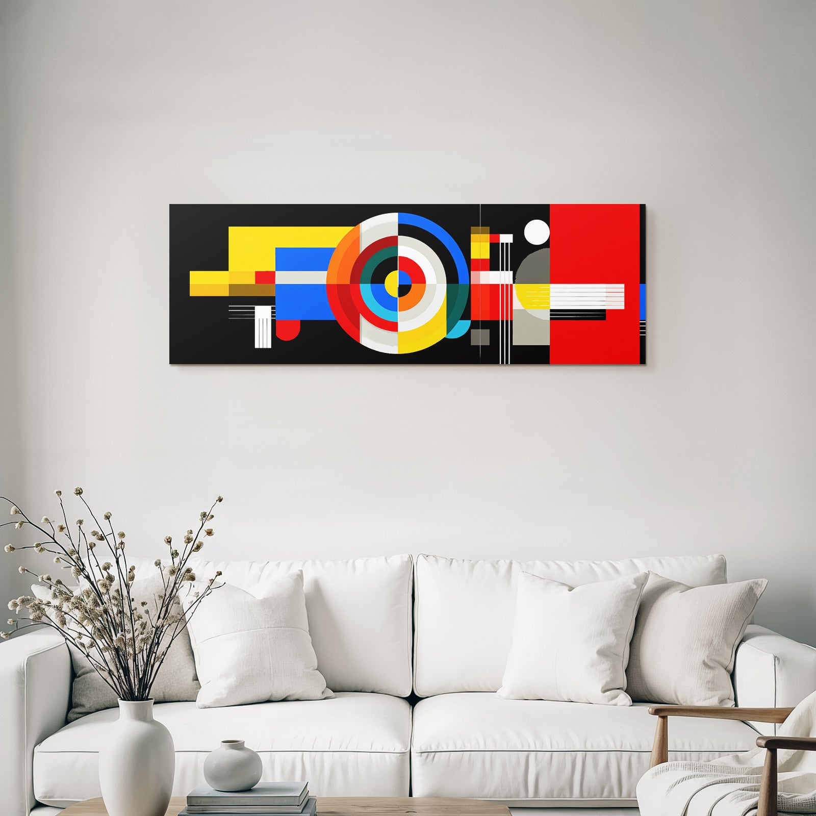 Abstraktes Kunstwerk Mit Geometrischen Formen Und Kraftigen Farben Auf Dunklem Hintergrund