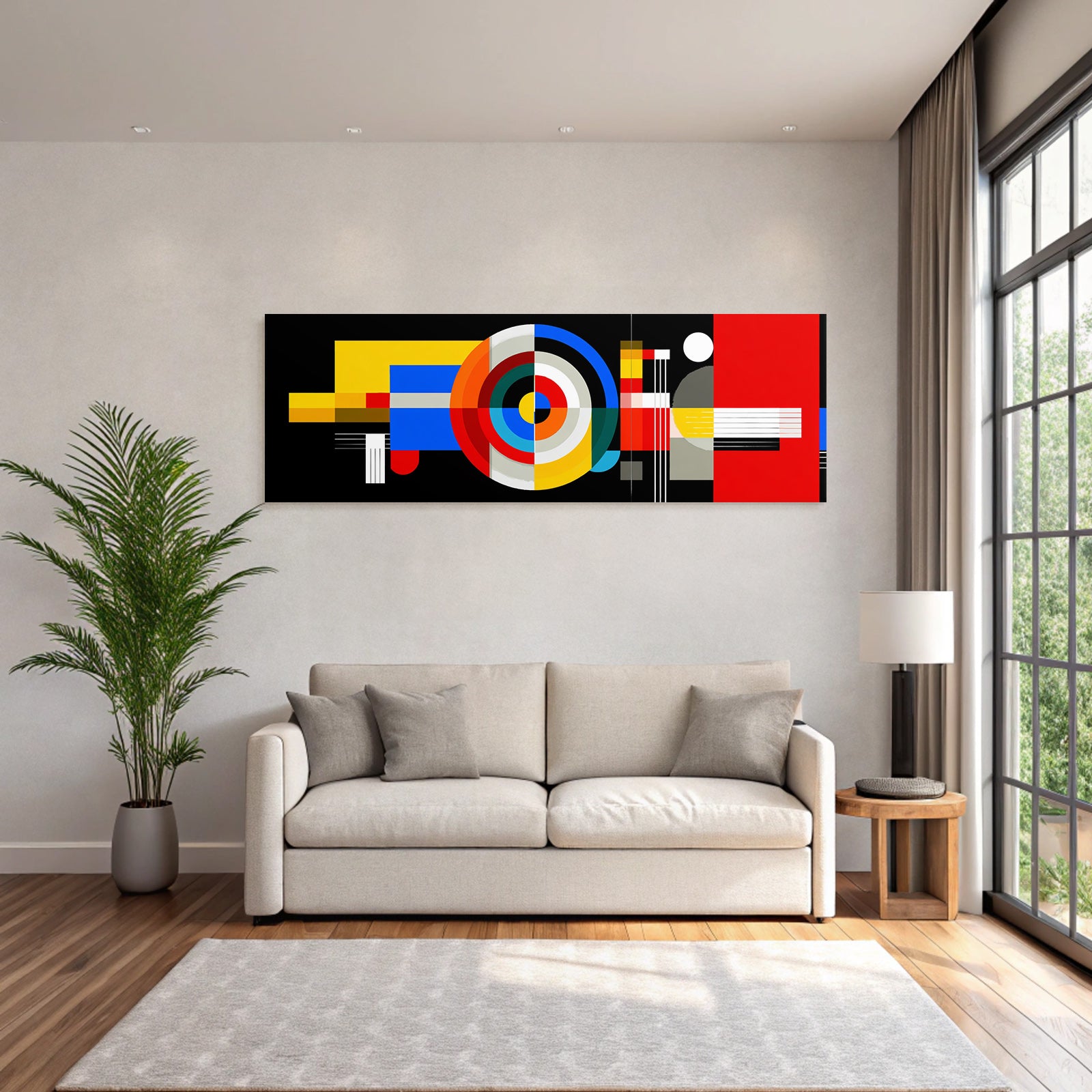Abstraktes Kunstwerk Mit Geometrischen Formen Und Kraftigen Farben Auf Dunklem Hintergrund
