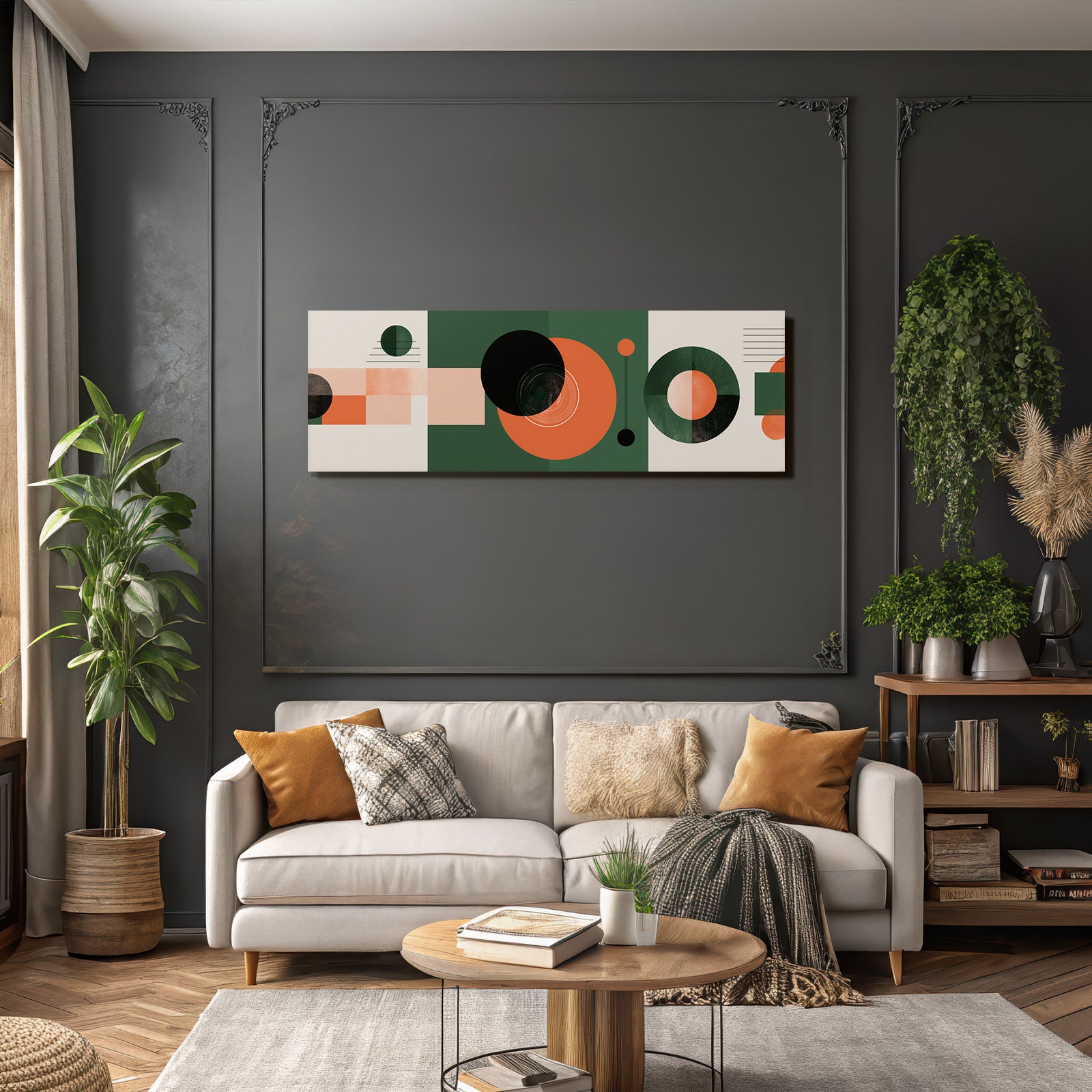 Geometrische Abstrakte Gestaltung Mit Kreisen Und Rechtecken In Grün Orange Und Beige