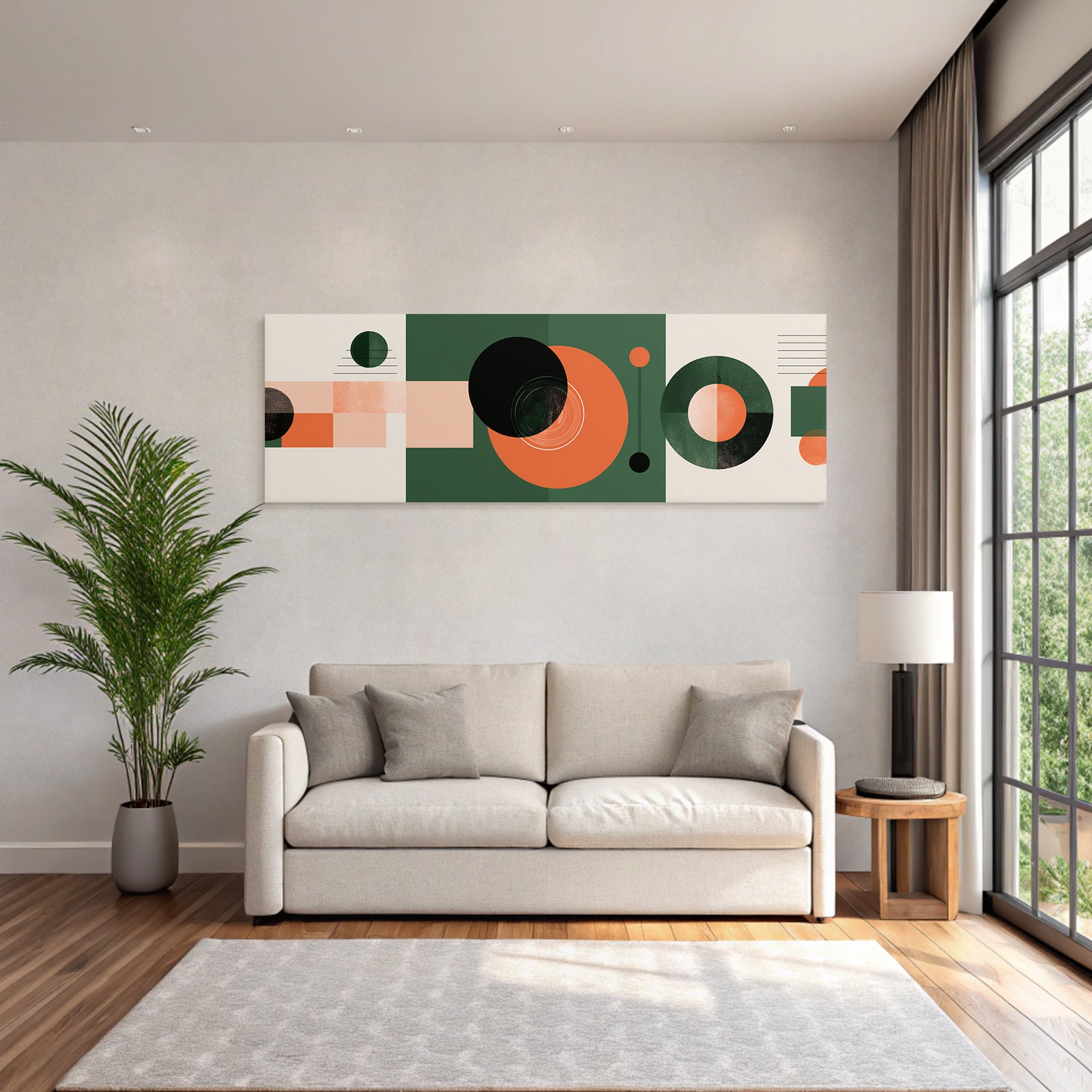 Geometrische Abstrakte Gestaltung Mit Kreisen Und Rechtecken In Grün Orange Und Beige