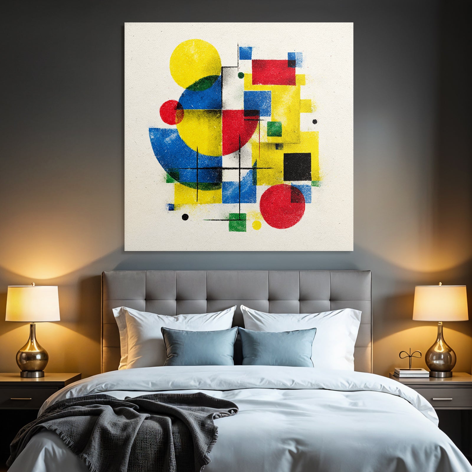 Abstrakte Geometrische Komposition Mit Gelben Blaün Roten Grünen Und Schwarzen Formen