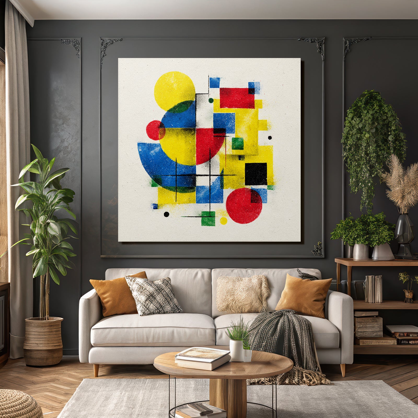 Abstrakte Geometrische Komposition Mit Gelben Blaün Roten Grünen Und Schwarzen Formen
