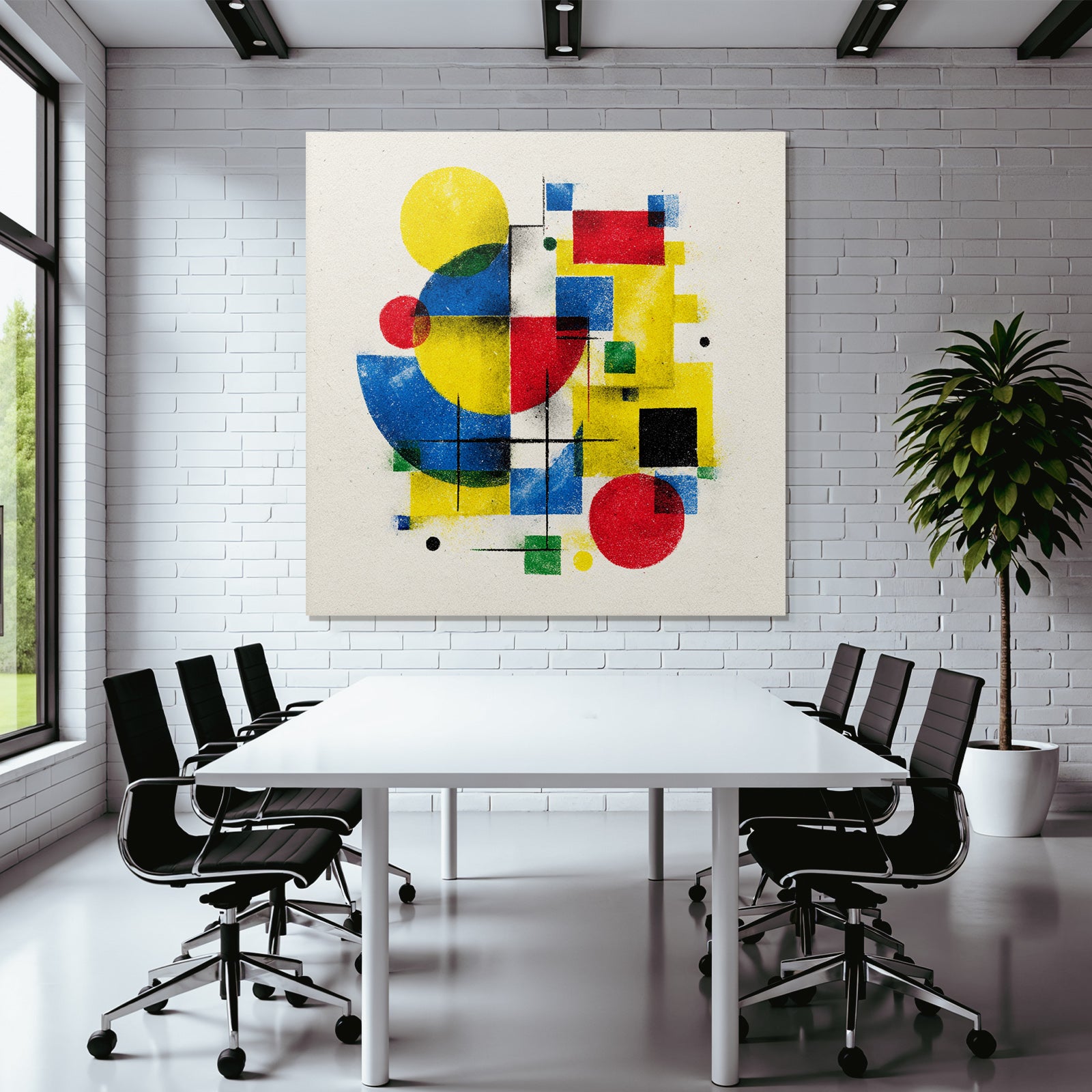Abstrakte Geometrische Komposition Mit Gelben Blaün Roten Grünen Und Schwarzen Formen
