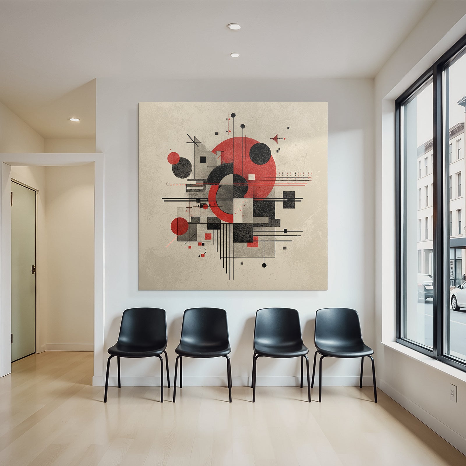 Abstrakte Geometrische Komposition Mit Rot Schwarz Und Grau