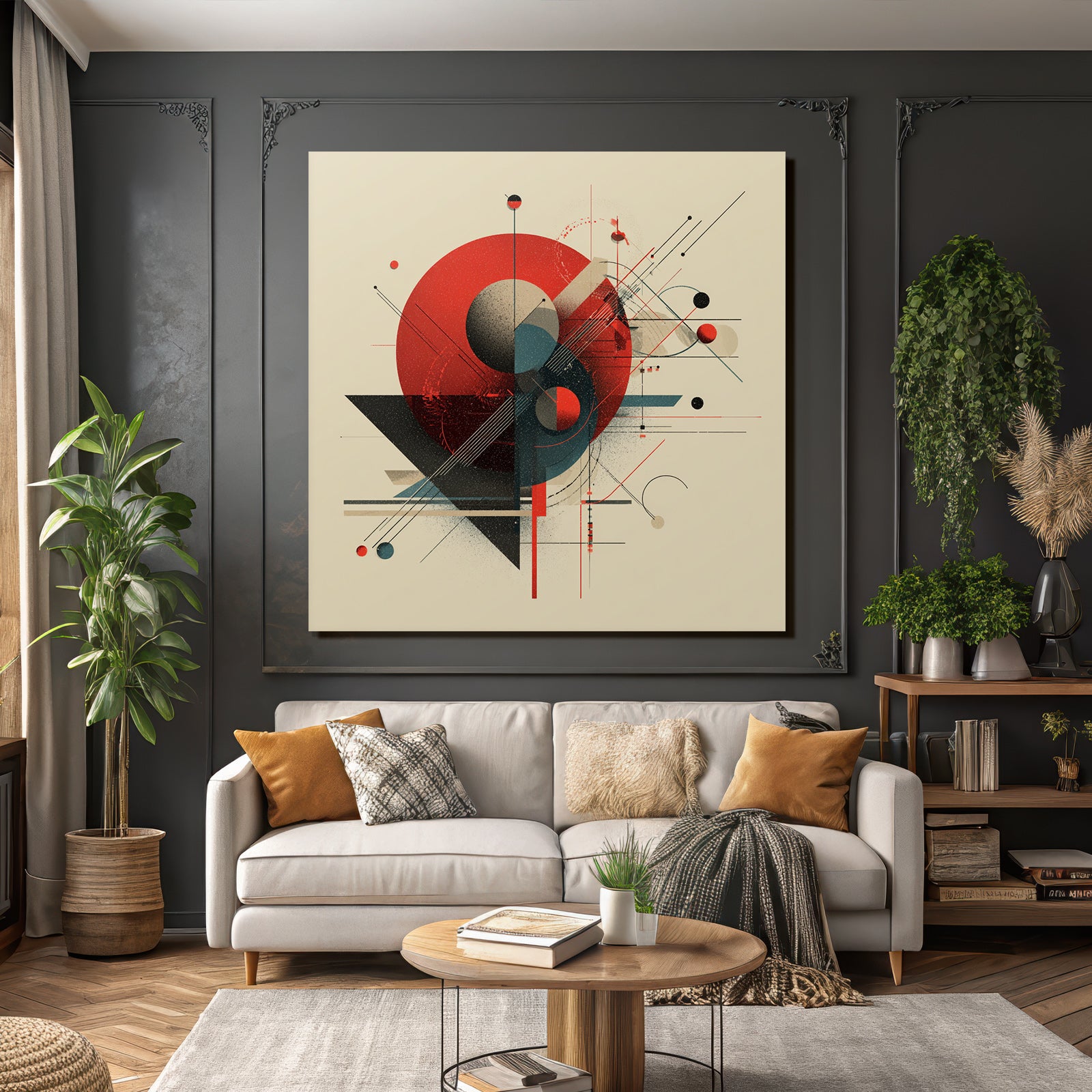 Abstrakte Geometrische Komposition Mit Roten Schwarzen Kreisen Linien Und Kugeln