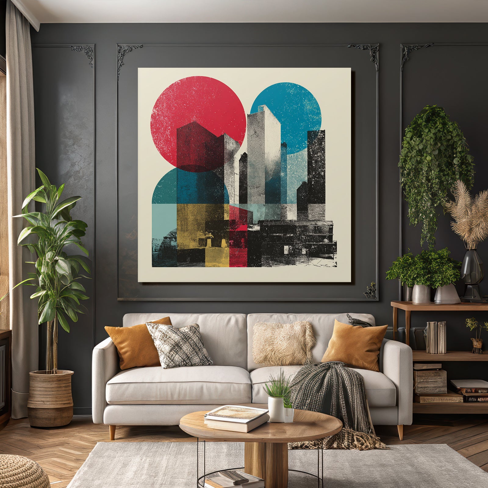 Abstrakte Stadtarchitektur Mit Geometrischen Formen Und Leuchtenden Farben