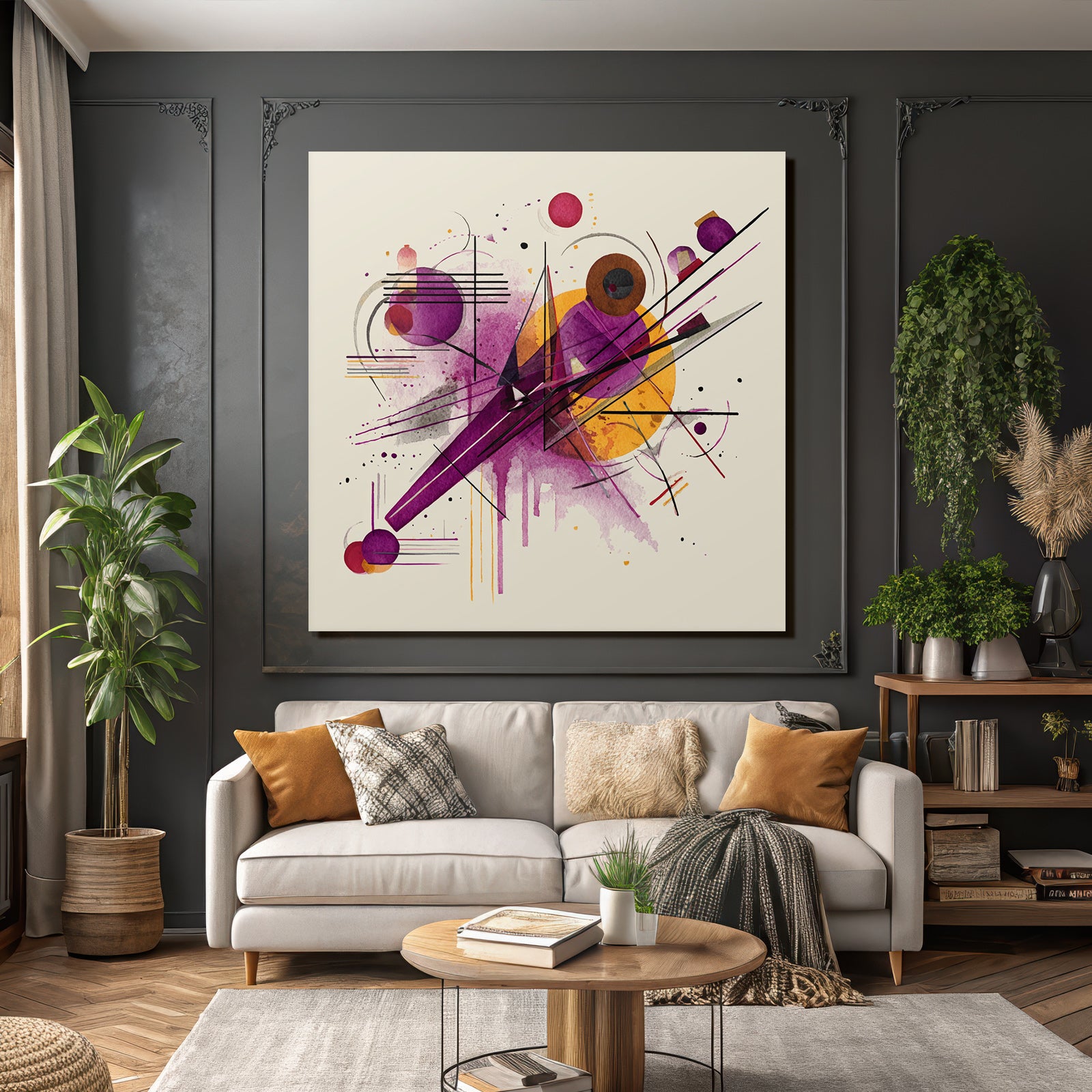Abstraktes Geometrisches Kunstwerk Mit Dynamischen Linien In Purpur Orange Und Rot