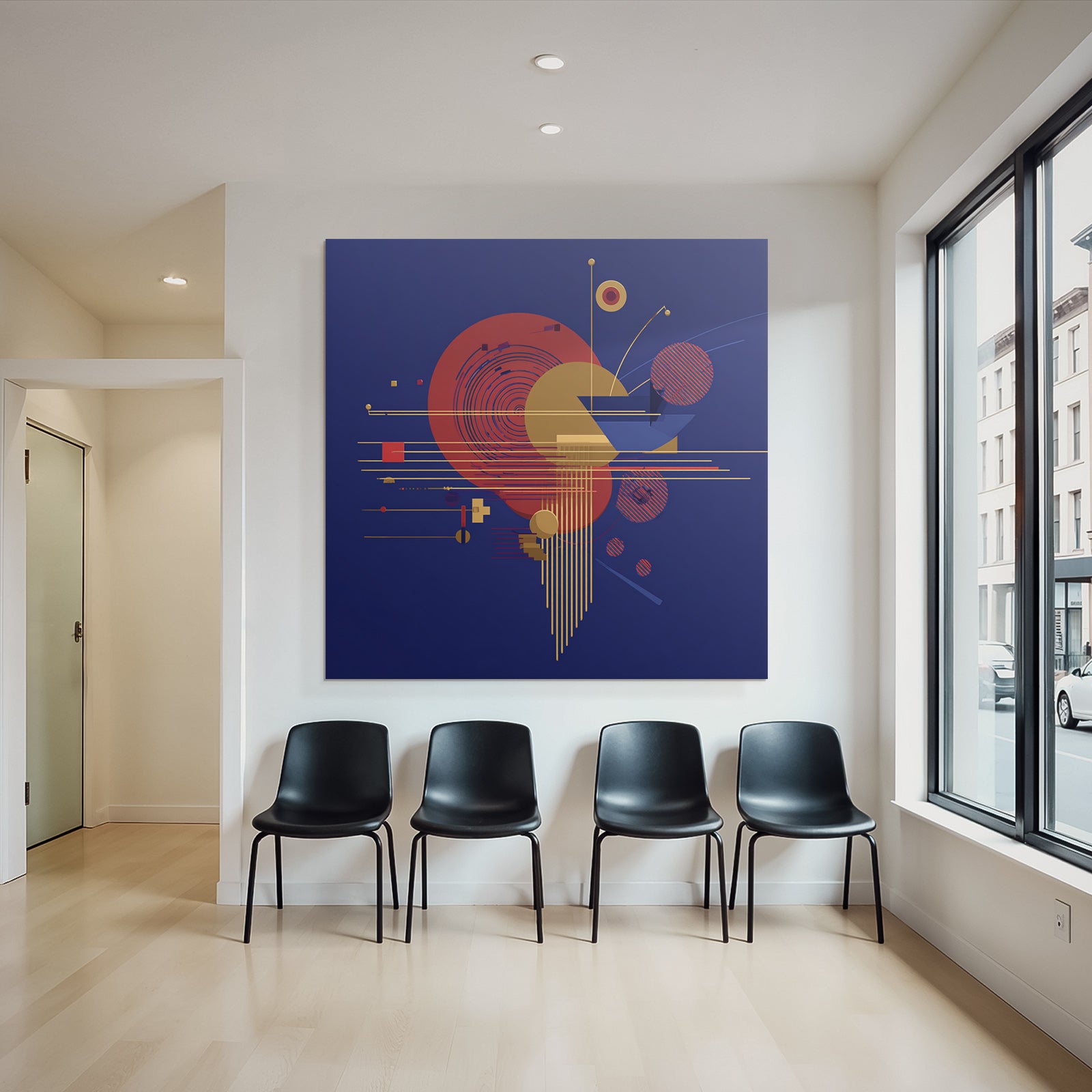 Abstraktes Geometrisches Design Mit Kreisen Quadraten Und Streifen