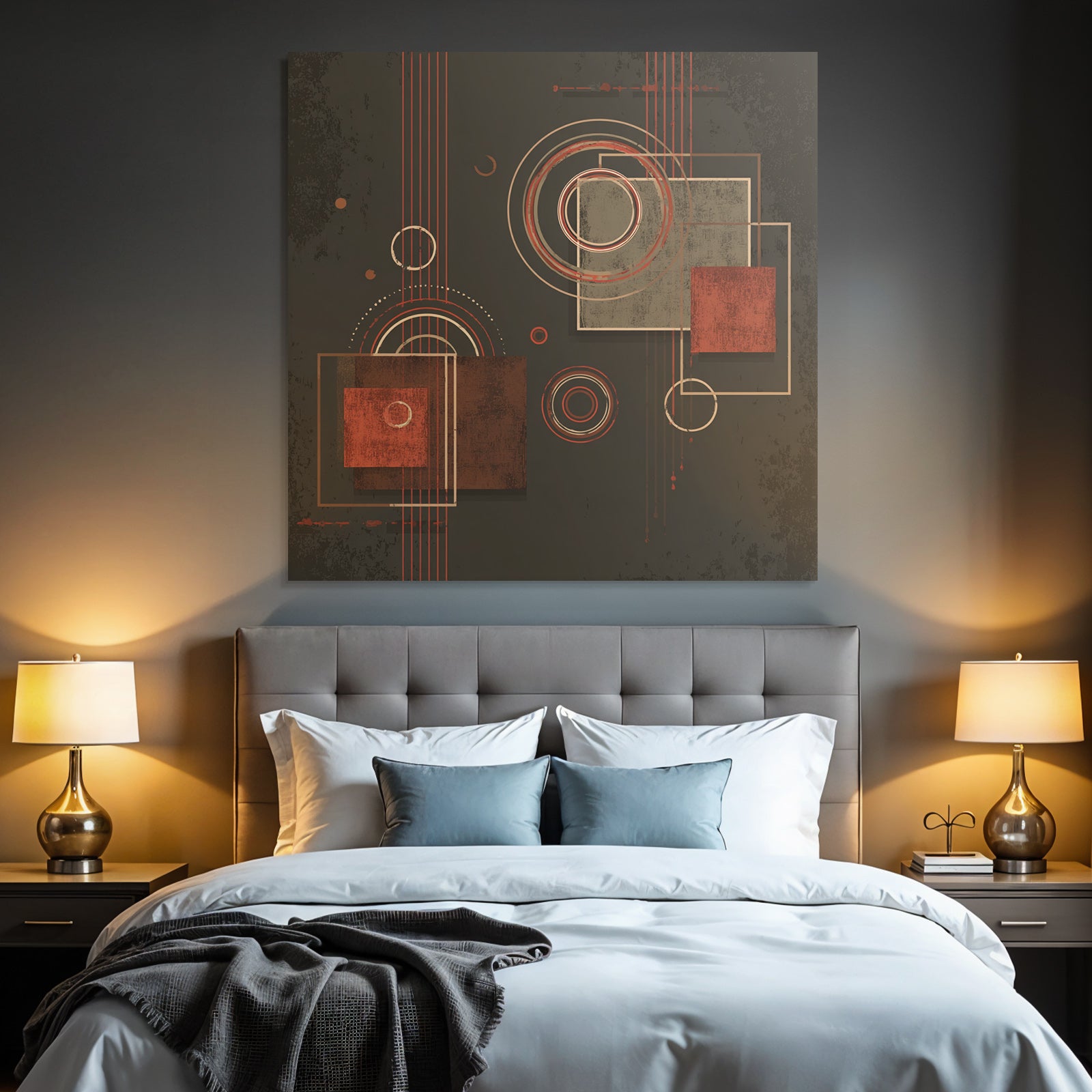 Abstraktes Geometrisches Design Mit Kreisen Und Quadraten In Rotbraun