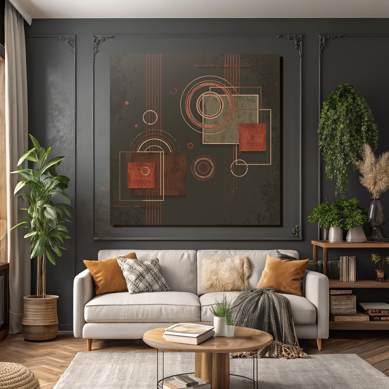 Abstraktes Geometrisches Design Mit Kreisen Und Quadraten In Rotbraun