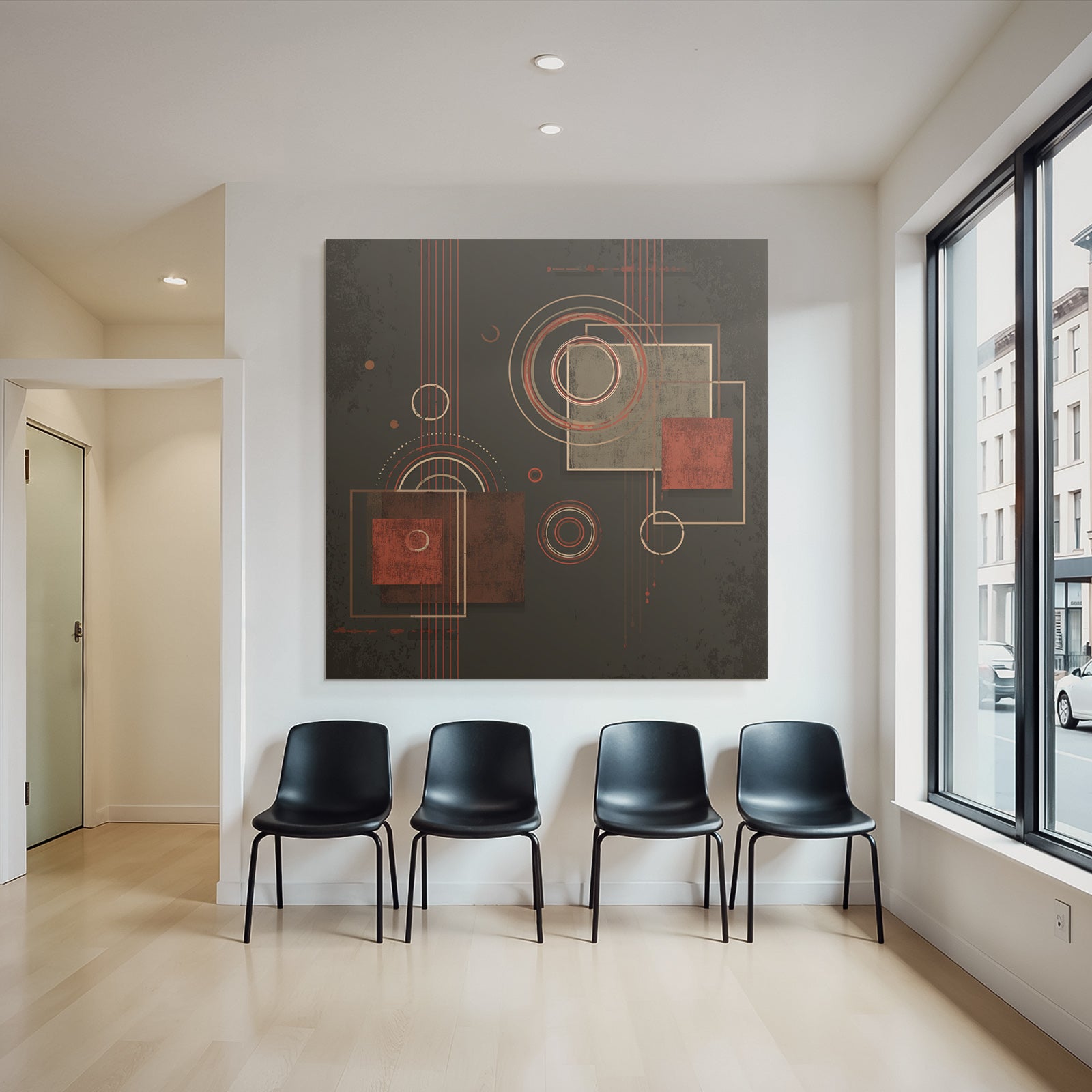 Abstraktes Geometrisches Design Mit Kreisen Und Quadraten In Rotbraun