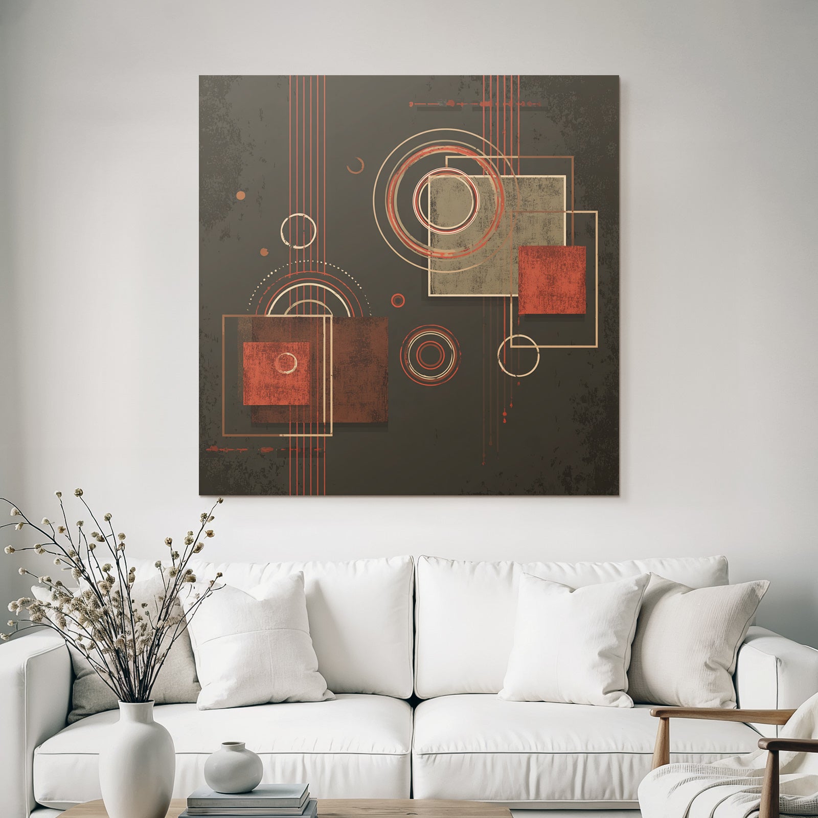 Abstraktes Geometrisches Design Mit Kreisen Und Quadraten In Rotbraun