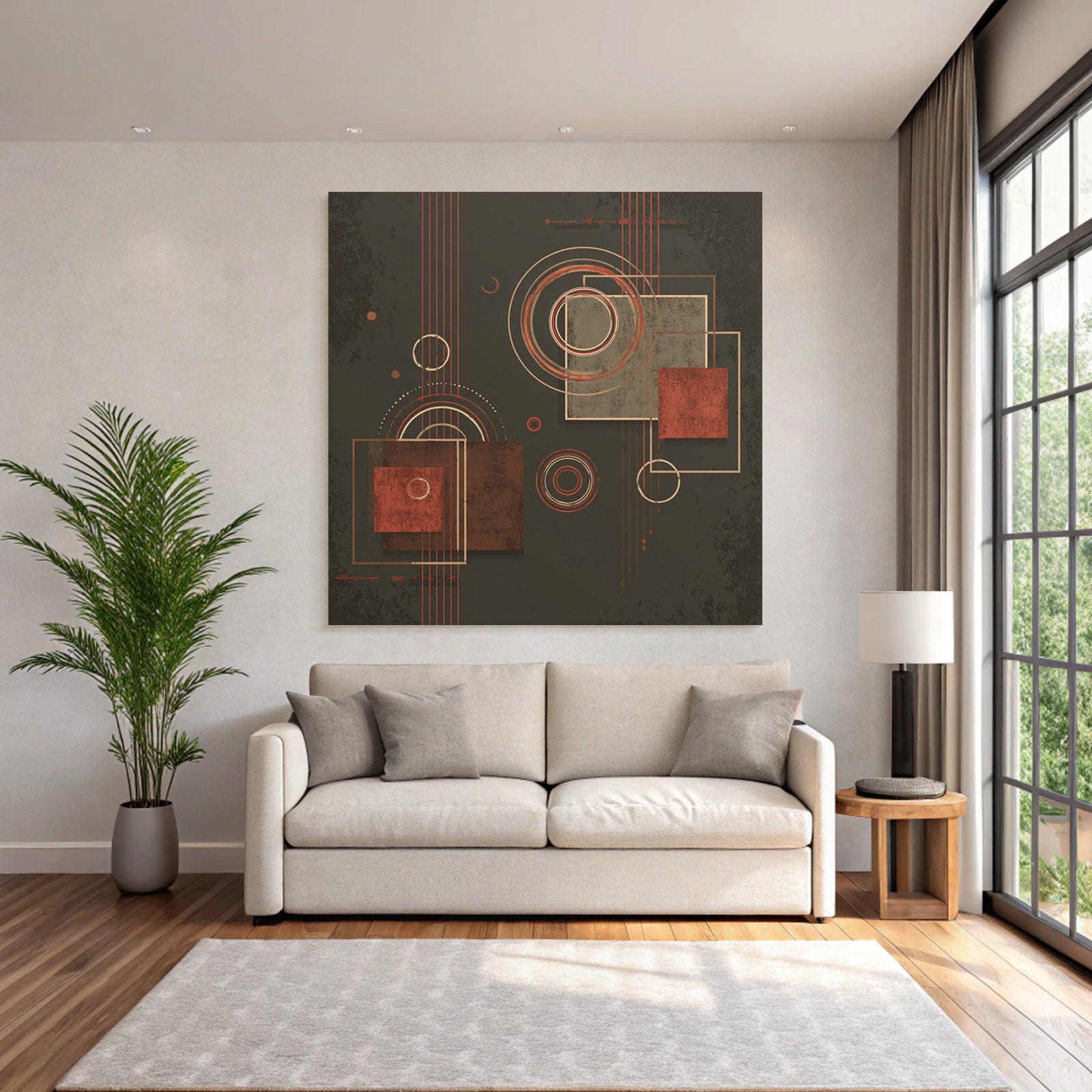 Abstraktes Geometrisches Design Mit Kreisen Und Quadraten In Rotbraun
