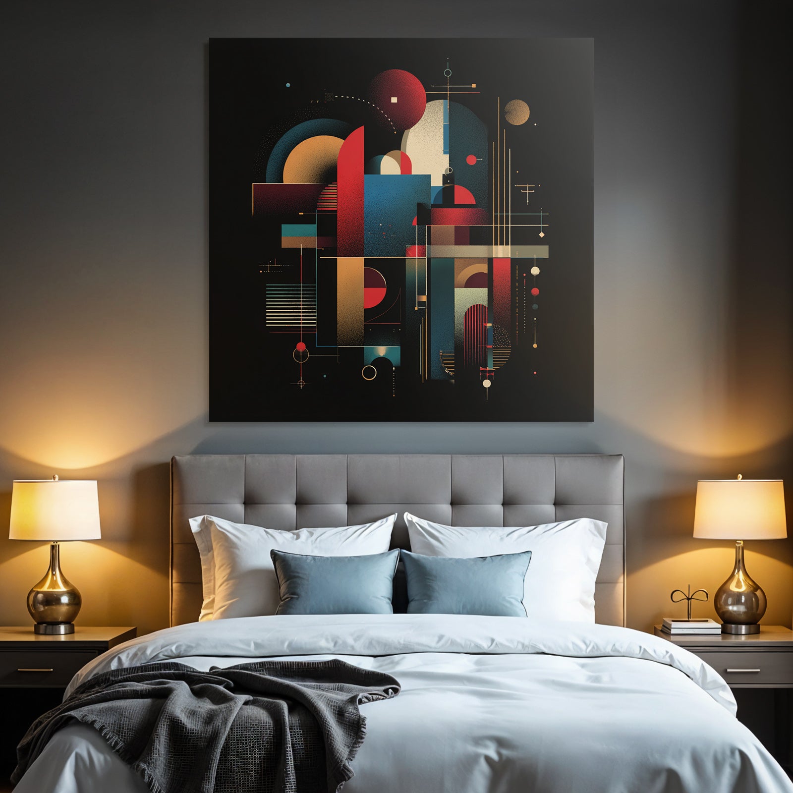 Abstraktes Geometrisches Kunstwerk Mit Kreisen Rechtecken Linien Rot Blau Gelb Schwarz