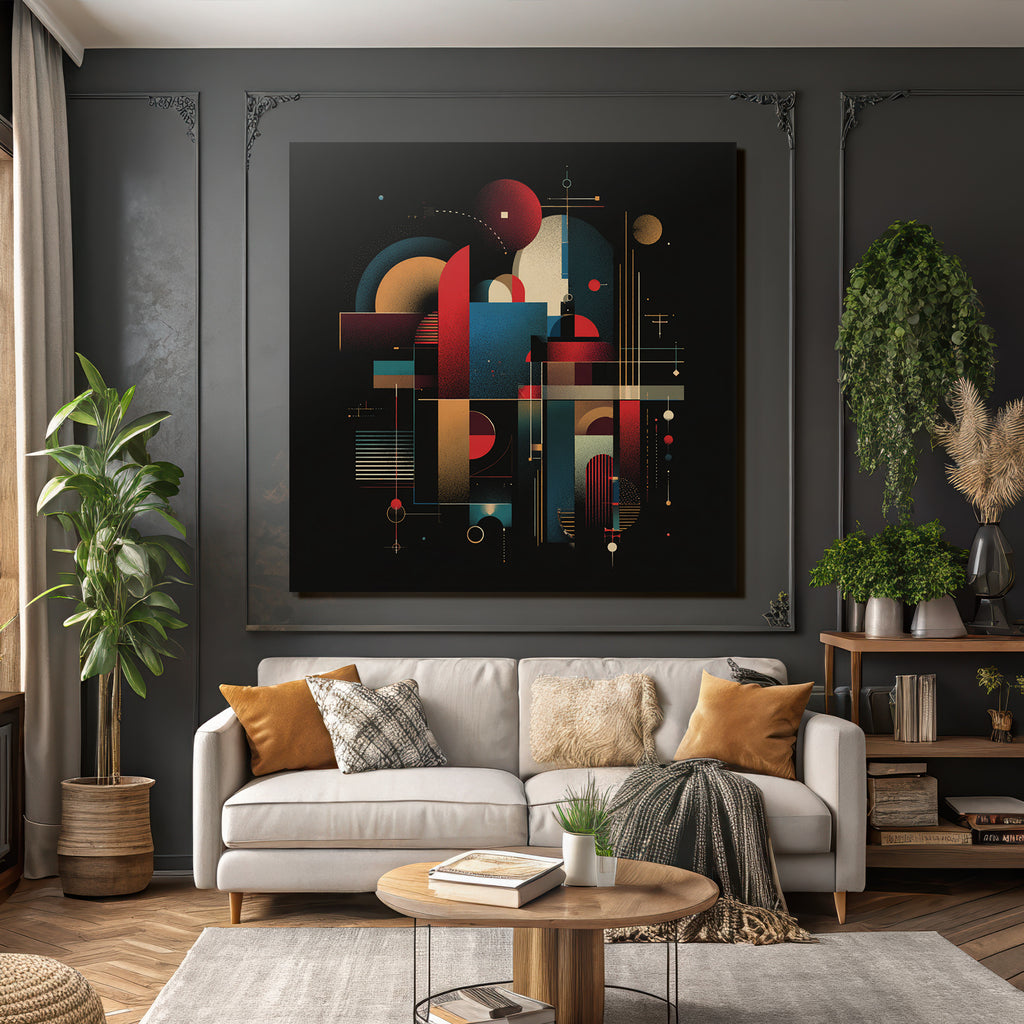 Abstraktes Geometrisches Kunstwerk Mit Kreisen Rechtecken Linien Rot Blau Gelb Schwarz