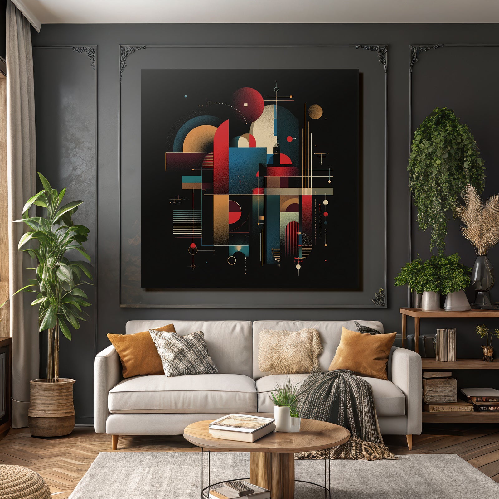 Abstraktes Geometrisches Kunstwerk Mit Kreisen Rechtecken Linien Rot Blau Gelb Schwarz