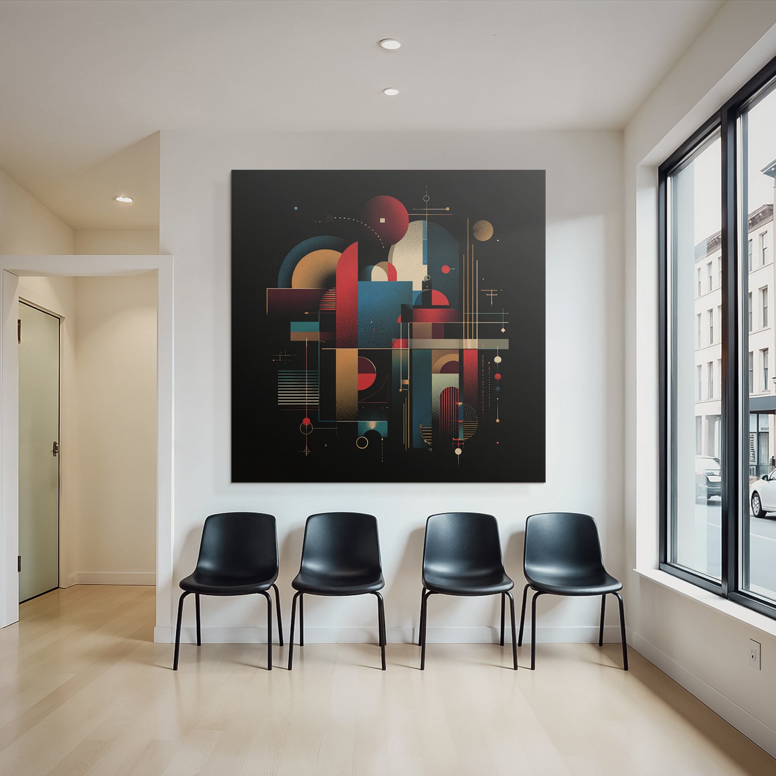 Abstraktes Geometrisches Kunstwerk Mit Kreisen Rechtecken Linien Rot Blau Gelb Schwarz