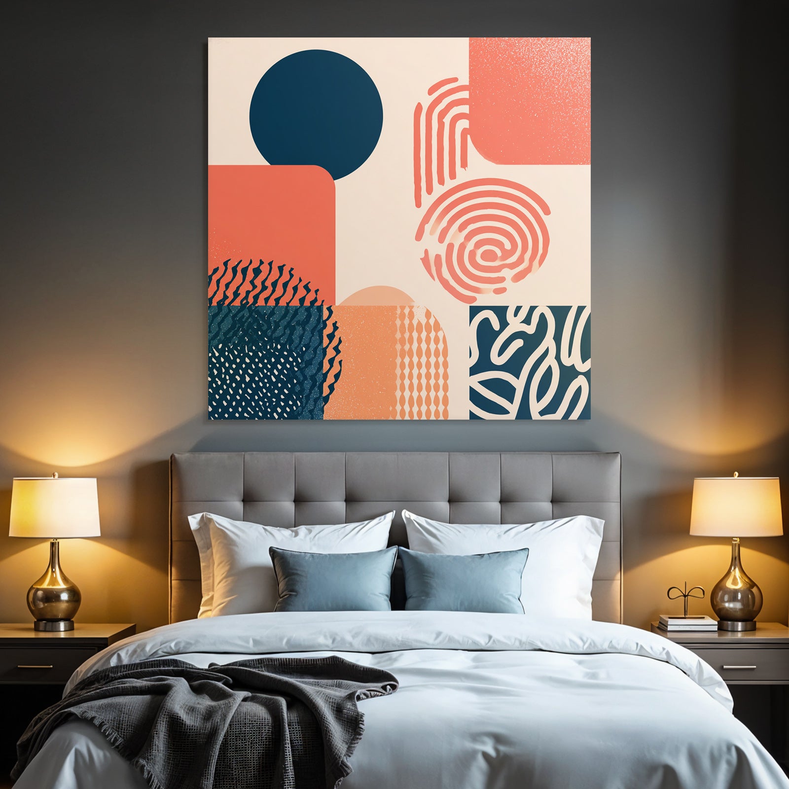 Moderne Grafik Abstrakte Komposition Kreise Quadrate Muster Koralle Marineblau