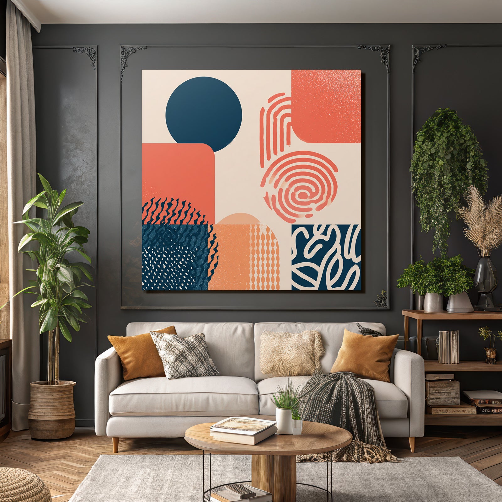 Moderne Grafik Abstrakte Komposition Kreise Quadrate Muster Koralle Marineblau