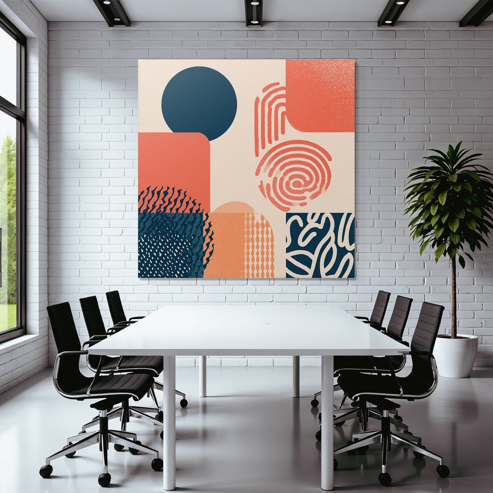 Moderne Grafik Abstrakte Komposition Kreise Quadrate Muster Koralle Marineblau